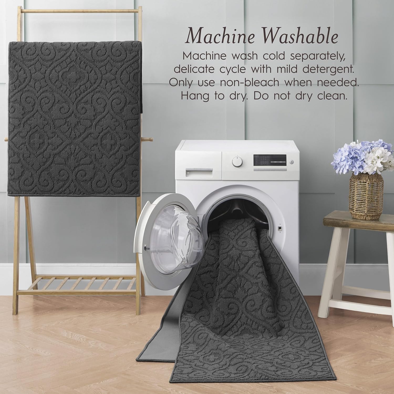 Laura Ashley Hi-Low Tufted 26" x 45"/26"x60" Washable Skid-Resistant Runner Rug 2-Piece Set - Dark Grey Feya Solid