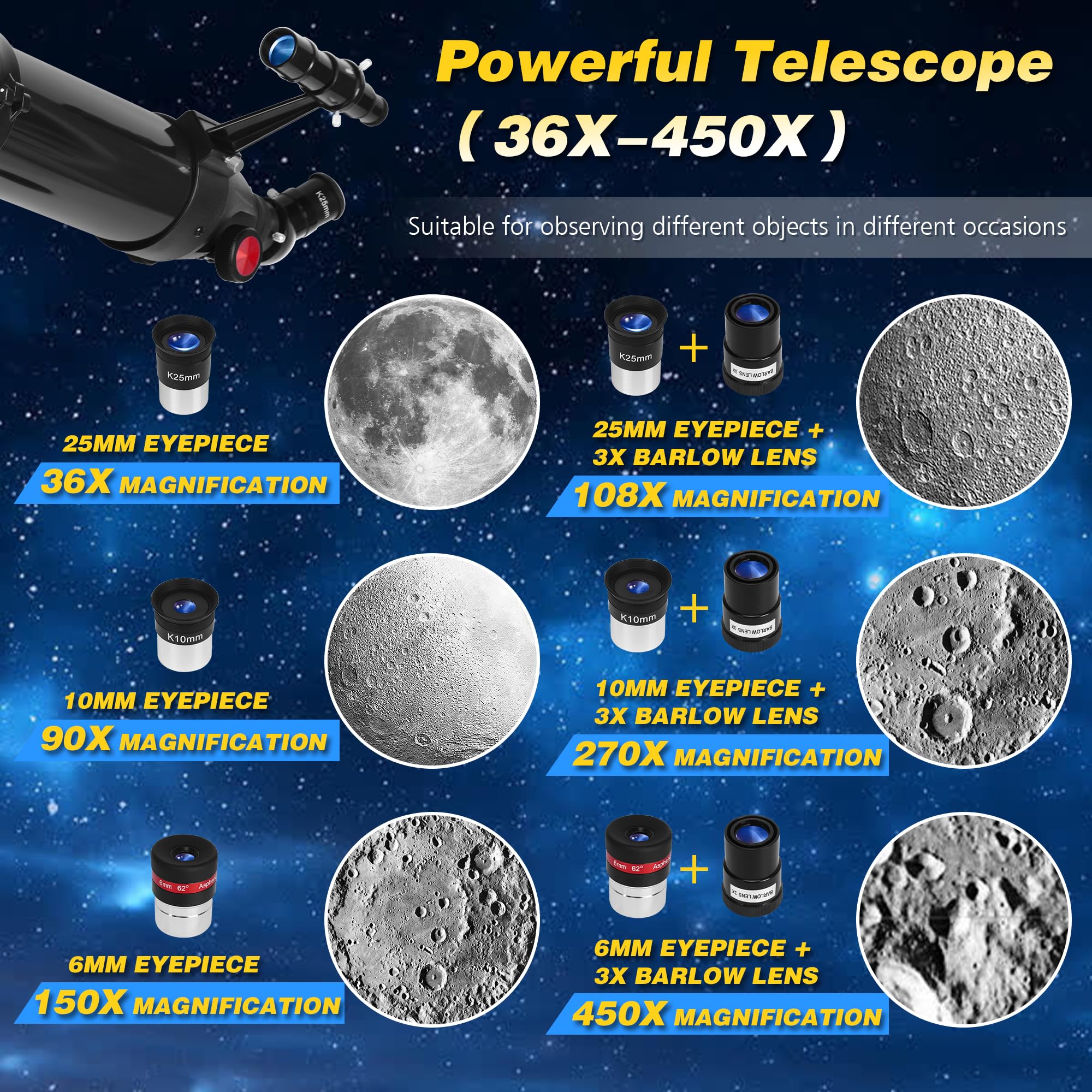 Telescopio per astronomia adulti principianti, 36X-450X, telescopi astronomici rifrattori portatili professionali da 90mm di apertura/900mm con treppiede&adattatore per telefono&borsa da trasporto