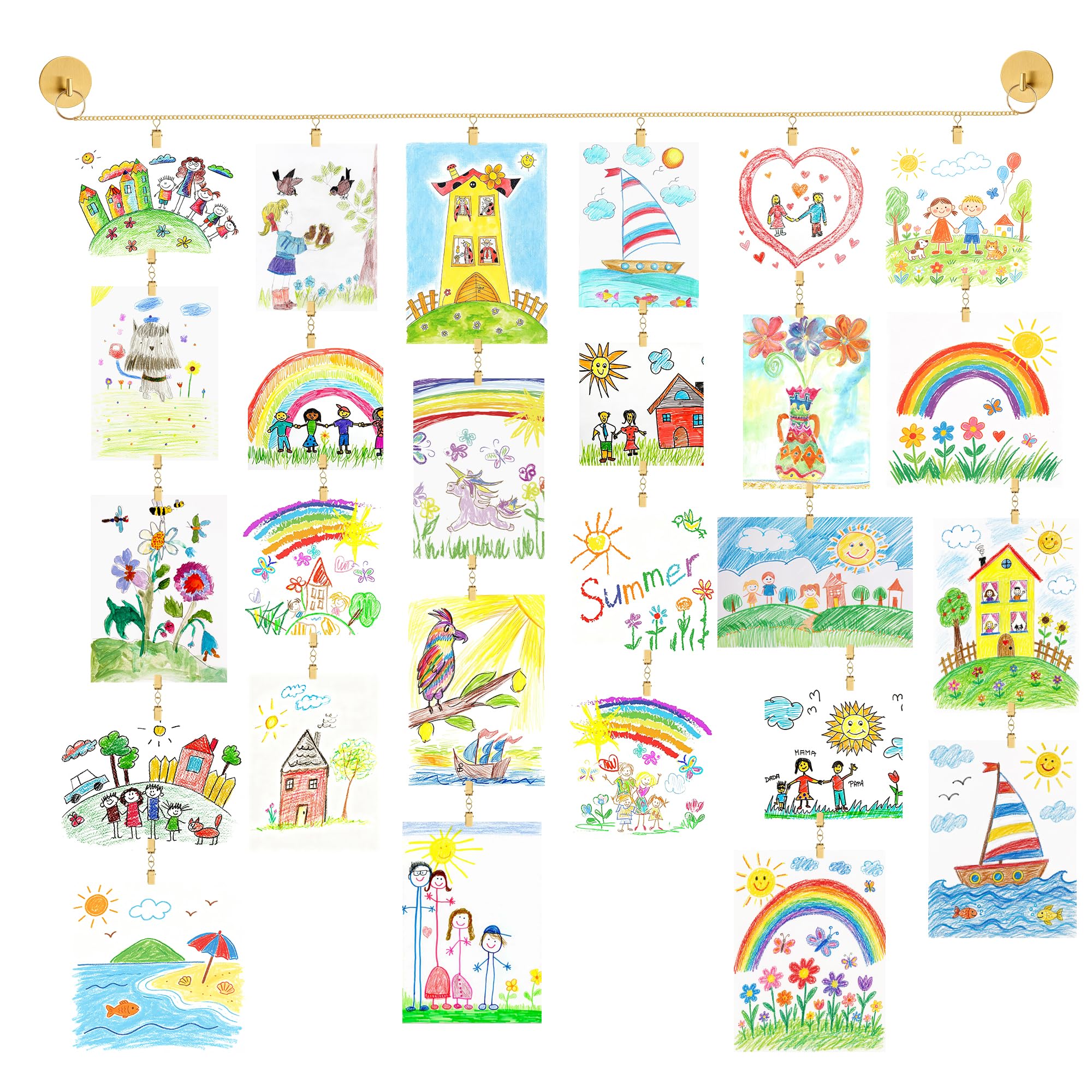 UFURMATE Kids Artwork Hanging Wire Kit, 1 Set Picture Hanging Chain with Clips, Hooks, Rings Art Display Wall Decor for Kids Drawings, Photos (Gold, 2M)