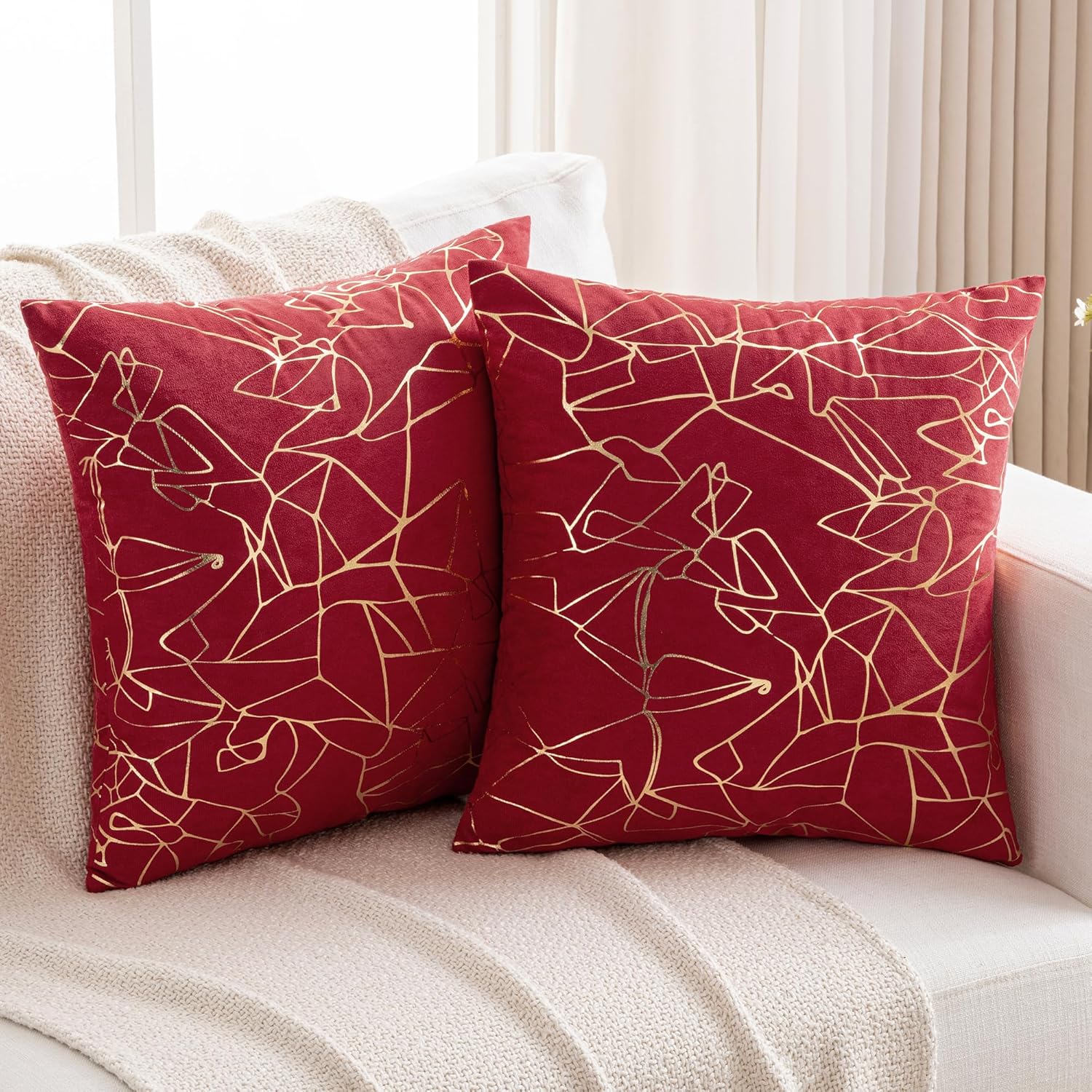 JELLYMONI Christmas Pillow Covers Set of 2, 18 x 18 inch Glitter Decorative Pillow Shams Green with Gold Streaks, Soft Pillowcases Home Decor for Sofa Couch Bed (Gold Dark Red)