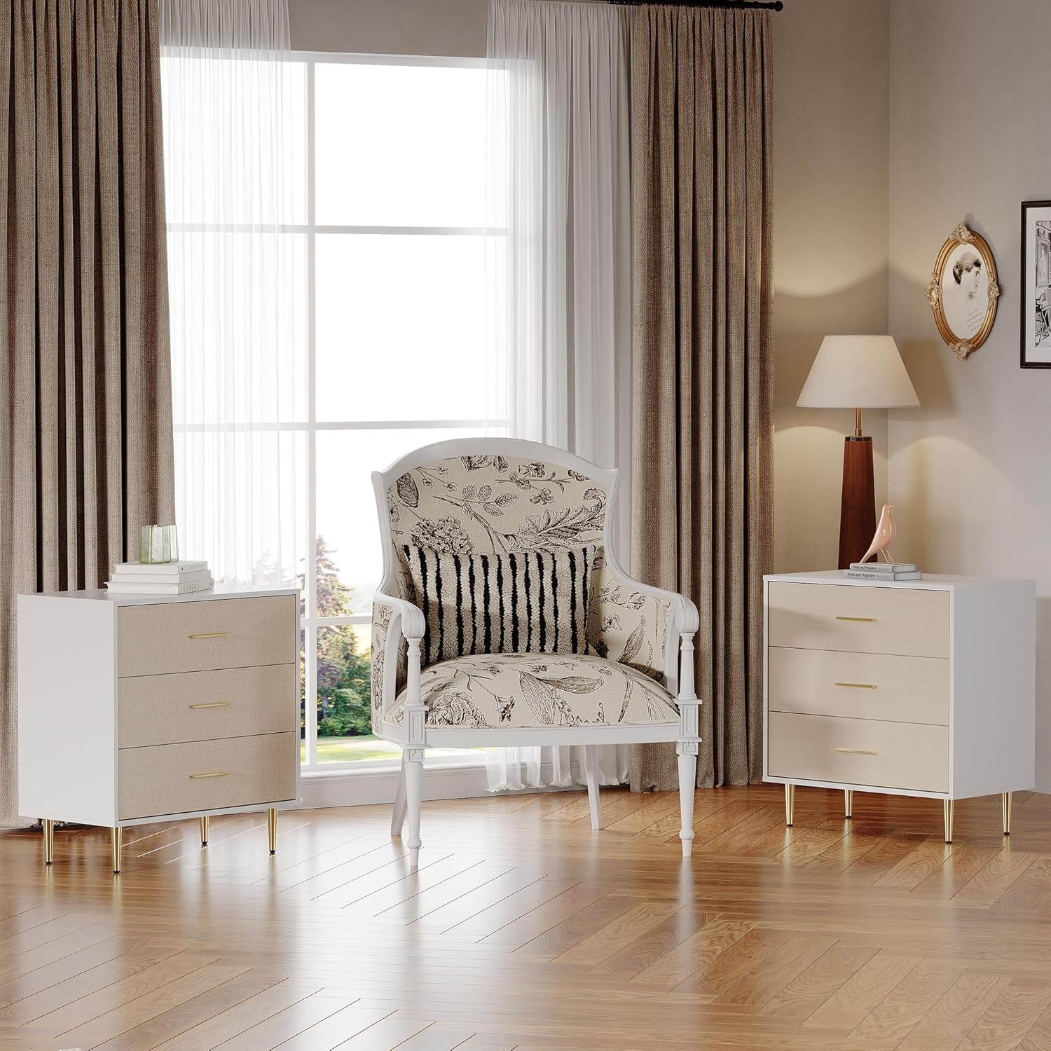 Elegant 3-Drawer White Dresser with Gold Handles and Legs, Wooden Nightstand with Linen-Textured Surface, Modern White Chest of Drawers, Narrow Accent Cabinet End Table for Living Room, Bedroom