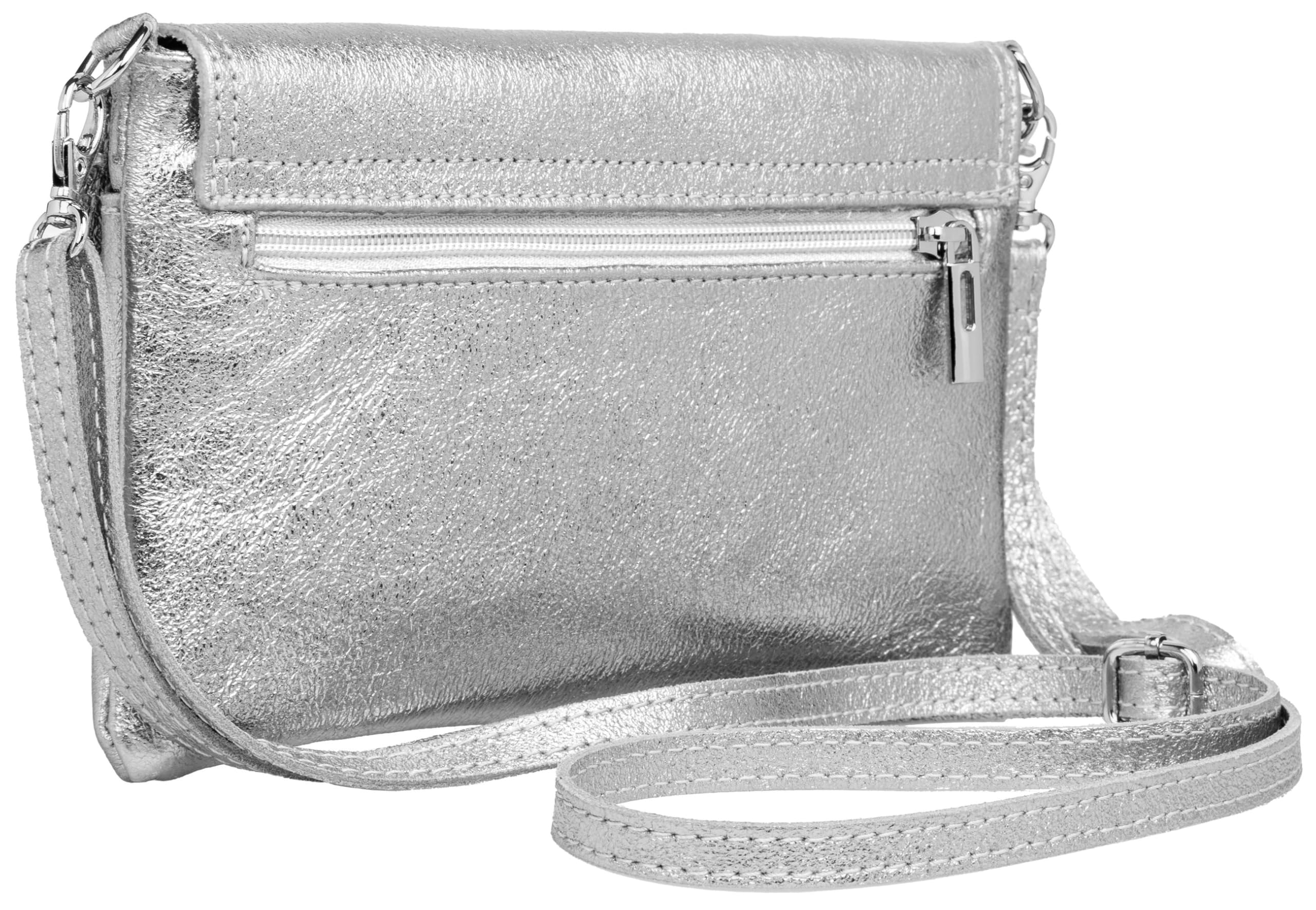 Caspar Elegante Leder Clutch Abendtasche aus samtweichem Nappaleder Damen Umhängetasche - PREMIUM LINE - Modell No.322 - Made in Italy, Farbe:silber metallic, Accessoires:One Size