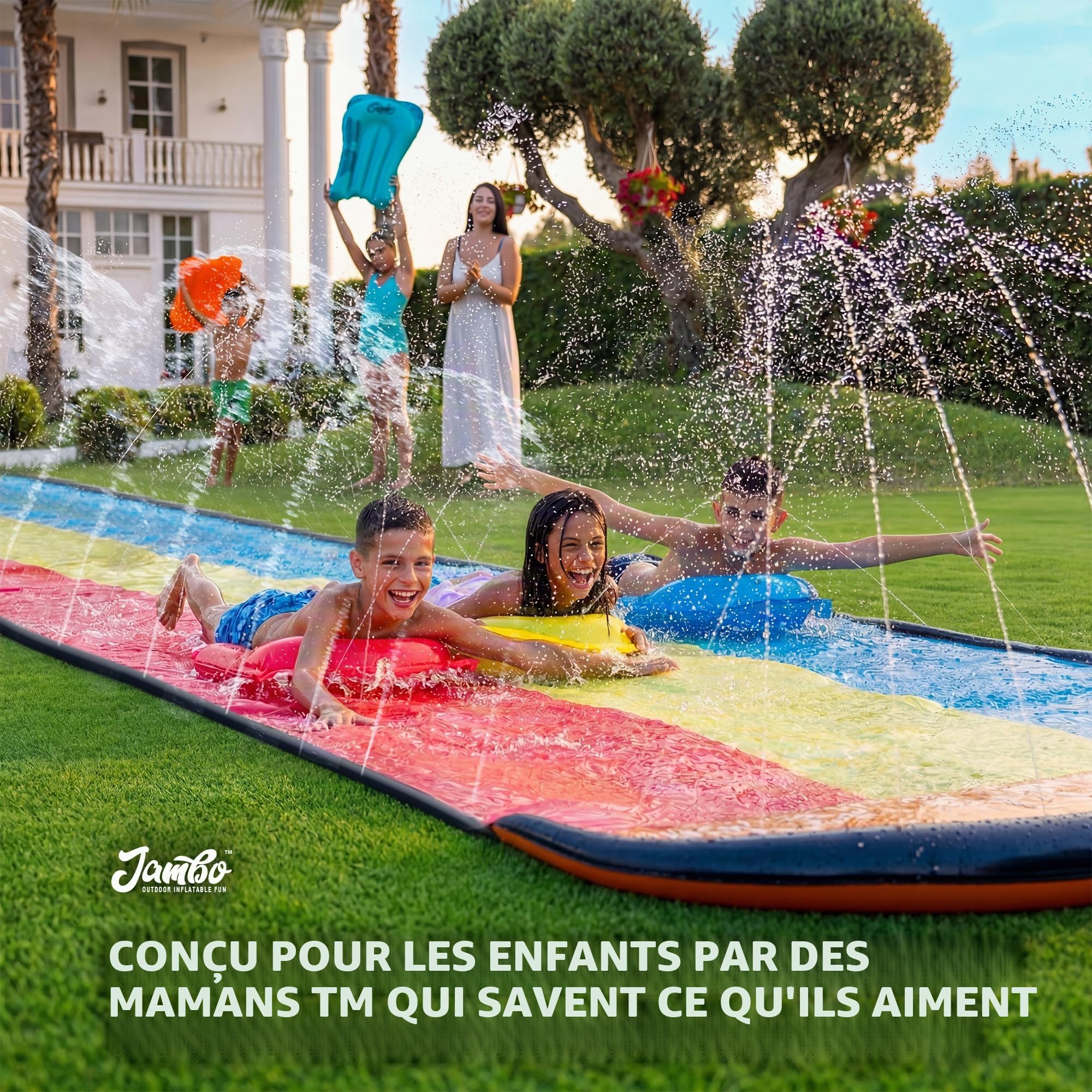 JAMBO Ventriglisse, Toboggan Aquatique 610 cm /20 ft, Tapis de Glisse Eau Enfant à Triple Piste avec 3 Bodyboards, Tapis Glissant Enfant, Jeux D’Eau