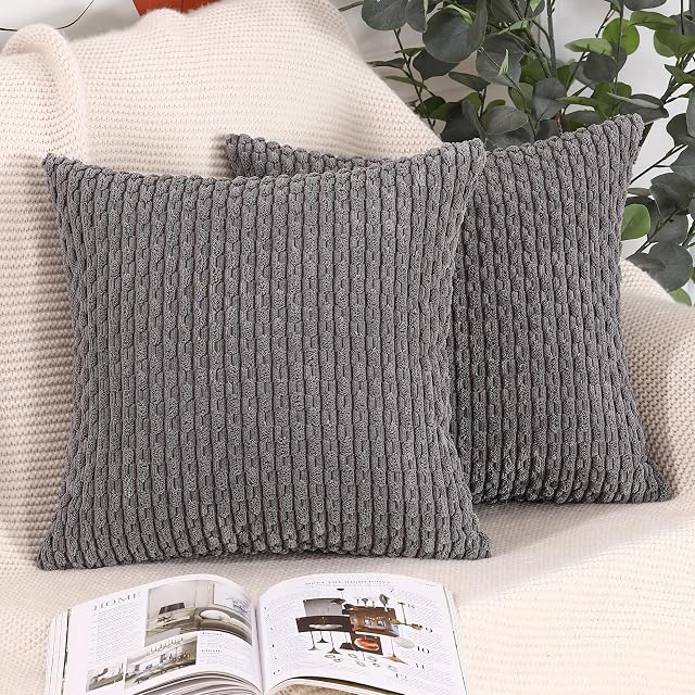 Madizz Pack of 2 Boho Striped Corduroy Cushion Covers 12x12 Inch Grey Soft Decorative Throw Pillow Covers for Bedroom Sofa Pillow Shell