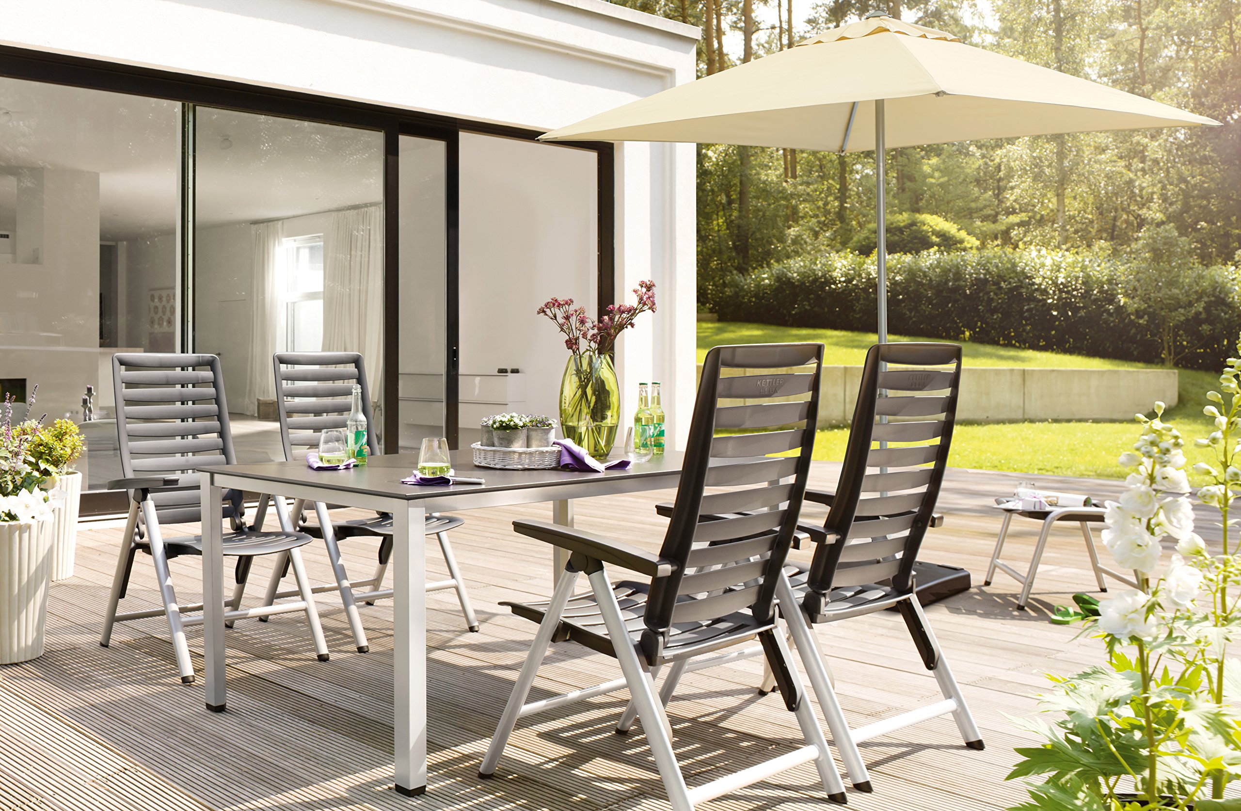 Kettler Gartenstuhl Hochlehner - stabiler Klappsessel für den Garten - Rückenlehne mehrstufig verstellbar - silber & anthrazit