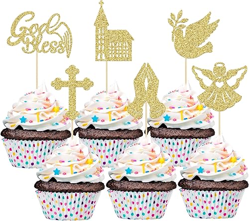 Miniatura 1 de Gyufise Paquete de 24 adornos para cupcakes con cruz de paloma y ángel, para magdalenas, temática religiosa que Dios bendiga y bendiga para baby