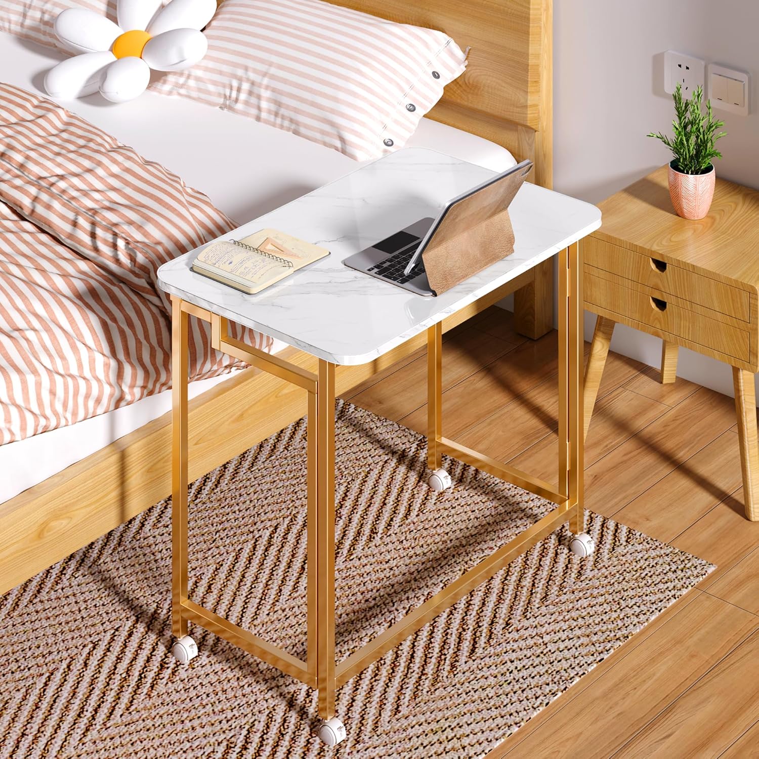 4NM 23.6" Mobile Small Rolling Computer Desk, Folding Laptop Cart Table with Wheels, Portable Office Desk for Small Space Couch Bed - White and Golden