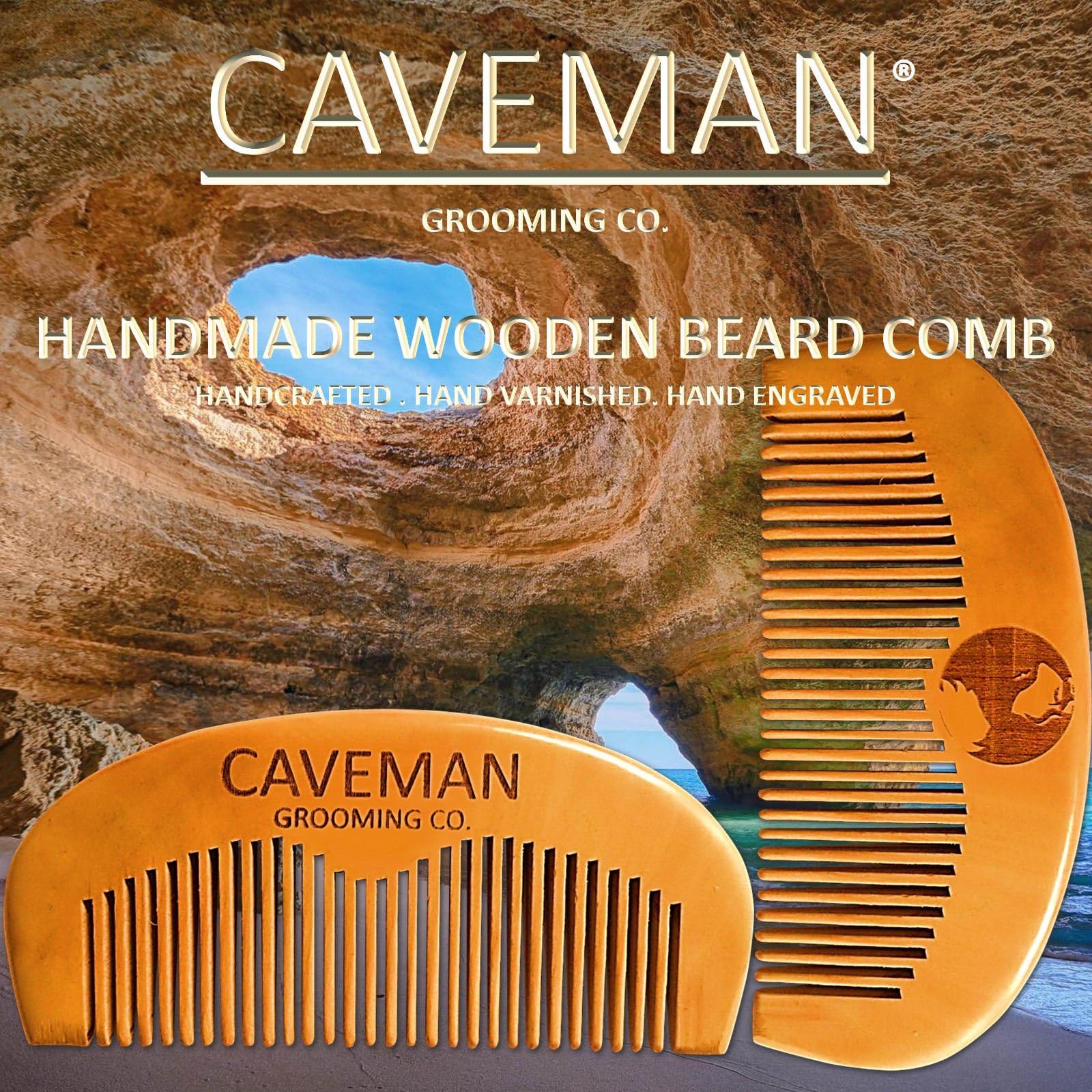 Handcrafted Natural Fine Tooth Wooden Pocket Beard Comb by Caveman All Hair