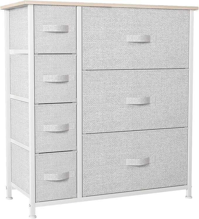GOOBED Dresser for Bedroom, 7 Drawers Fabric Dresser, Organizer Unit for Living Room, Hallway, Closets - Sturdy Steel Frame, Wooden Top & Easy Pull Fabric Bins, Light Gray