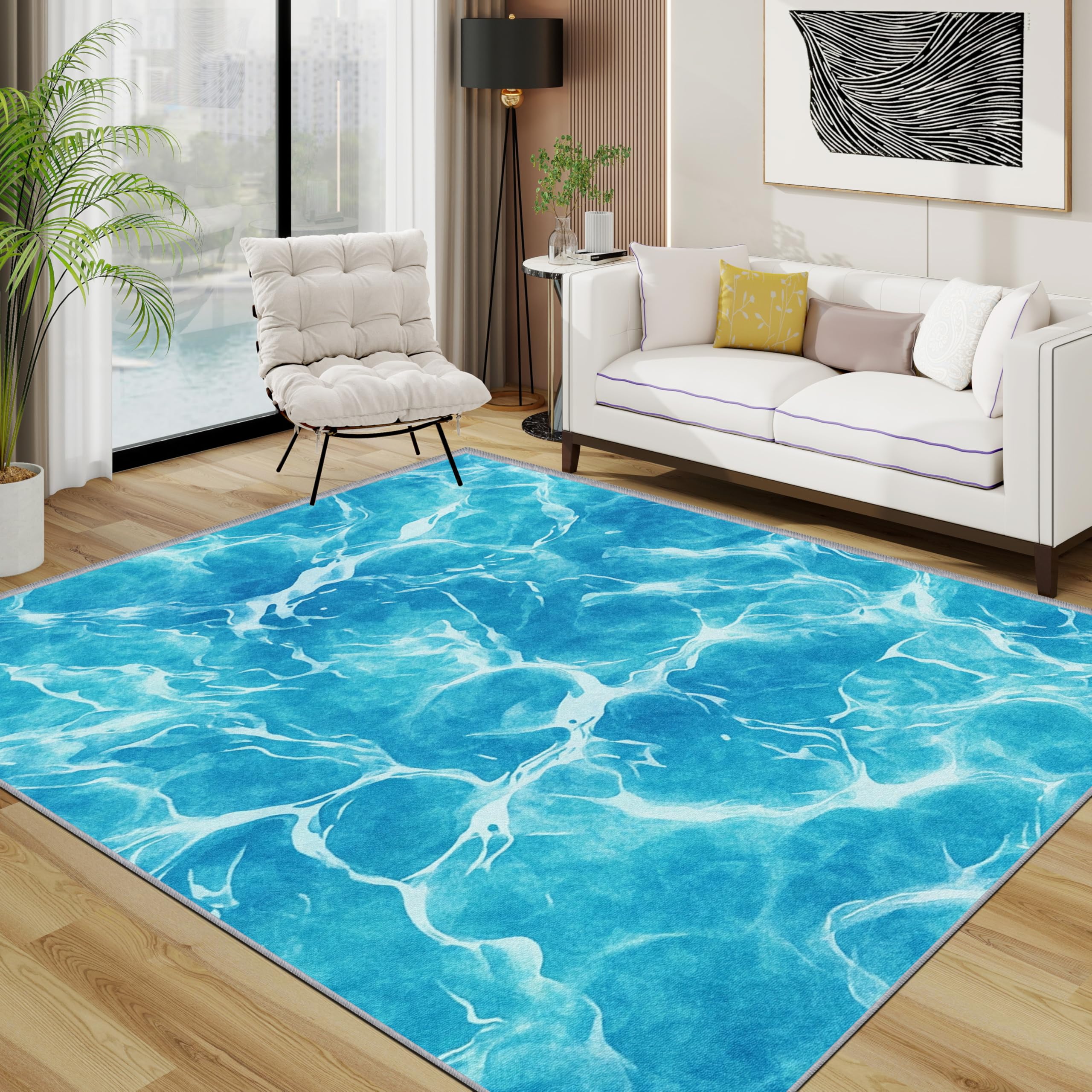 TerroVee Ocean Wave Area Rugs for Living Room 120x180 - Blue Water Ripple Modern Minimalist Rug for Bedroom, Summer Coastal Simple Non Slip Washable Short Pile Carpet, Ocean Wave House Decor