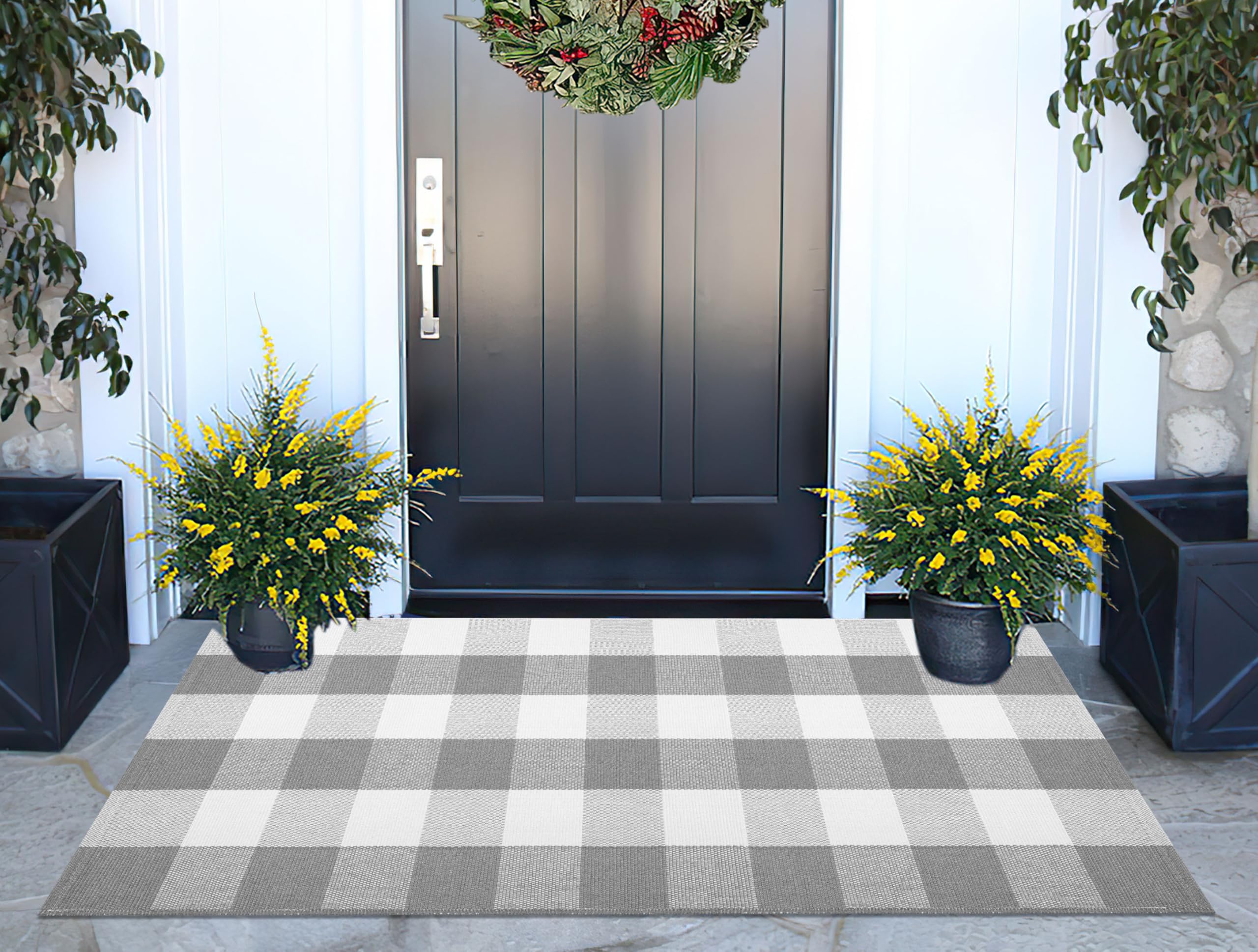 Grey and White Buffalo Plaid Rug 24''x 51''Checkered Outdoor Porch Rug Cotton Woven Machine Washable Farmhouse Mat for Indoor,Outdoor, Kitchen,