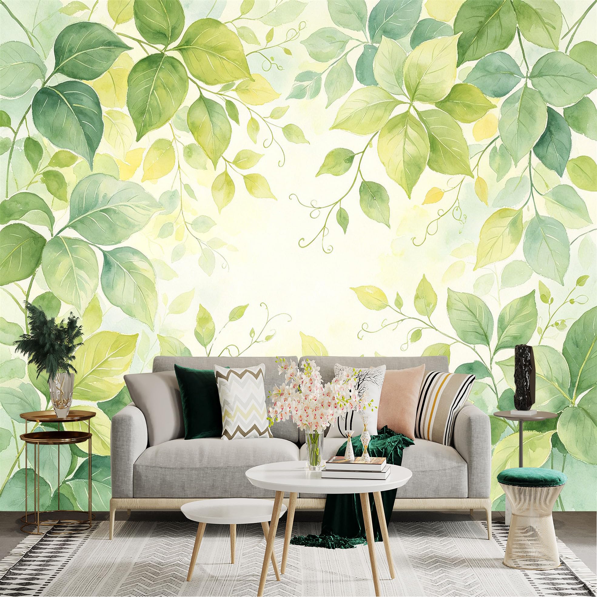 Lnzczhyre Dbh260521666 Custom Size Wall Sticker Mural， Watercolor Green Foliage， Fresh Botanical Leaves， Soft Nature Forest Theme， For Wall Decoration， Peelandstick Wall Decals.