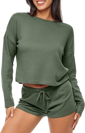 Alexander Del Rossa Womens Soft Ribbed Waffle Rib Knit Pajamas Lounge Set Long Sleeve Sweater Top and Shorts w Drawstring