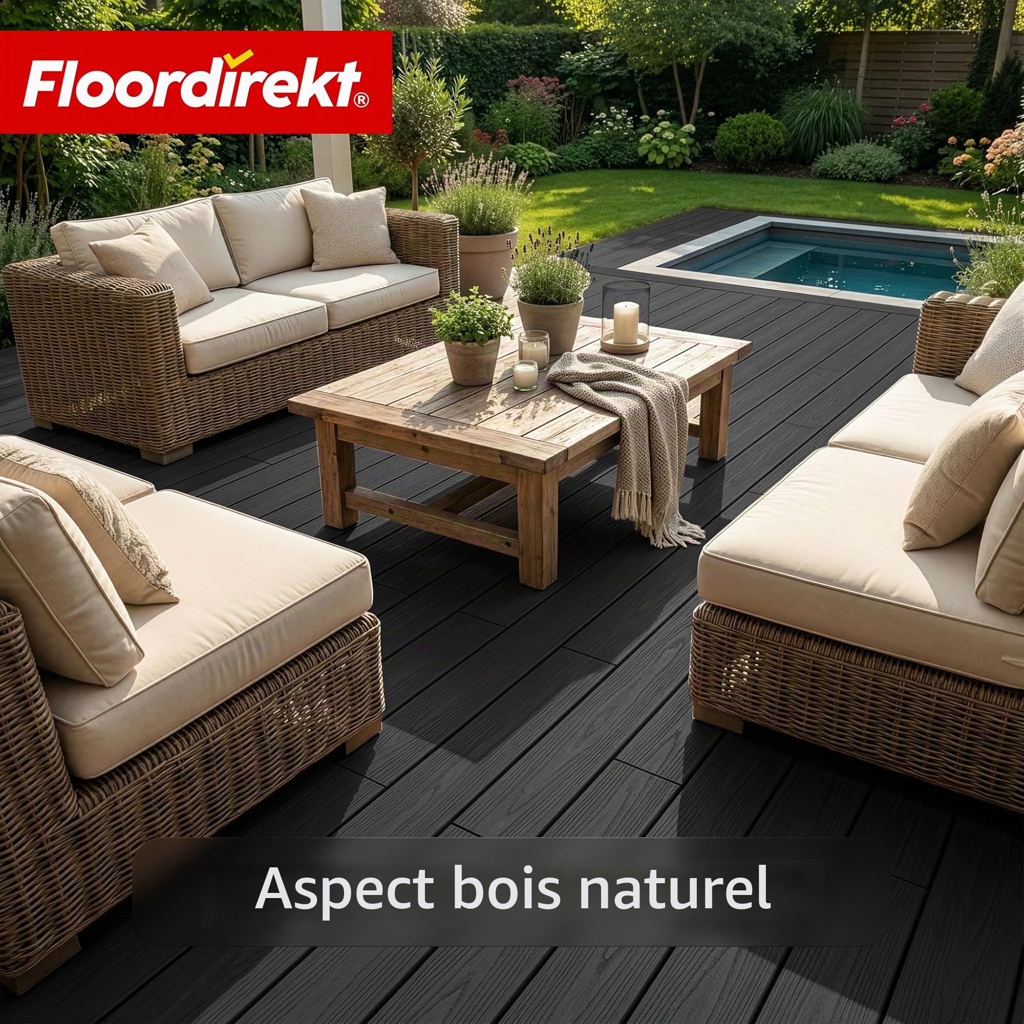 Floordirekt Lames de terrasse WPC 220 x 14,6 cm – Kit complet 2 m² – Planche creuse – Kit complet, avec sous-structure et matériel de montage, résistant aux intempéries et aux UV – Couronne noire