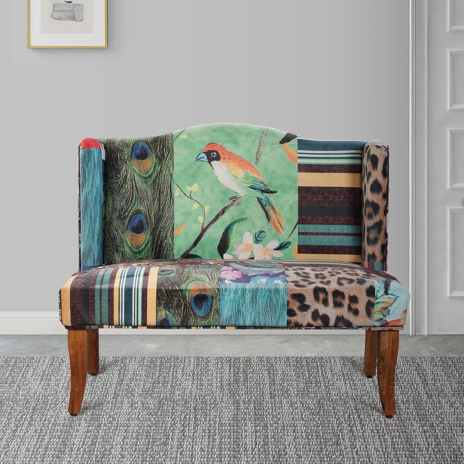 Benzara Vesta Bird Collage Print Settee, Multicolor