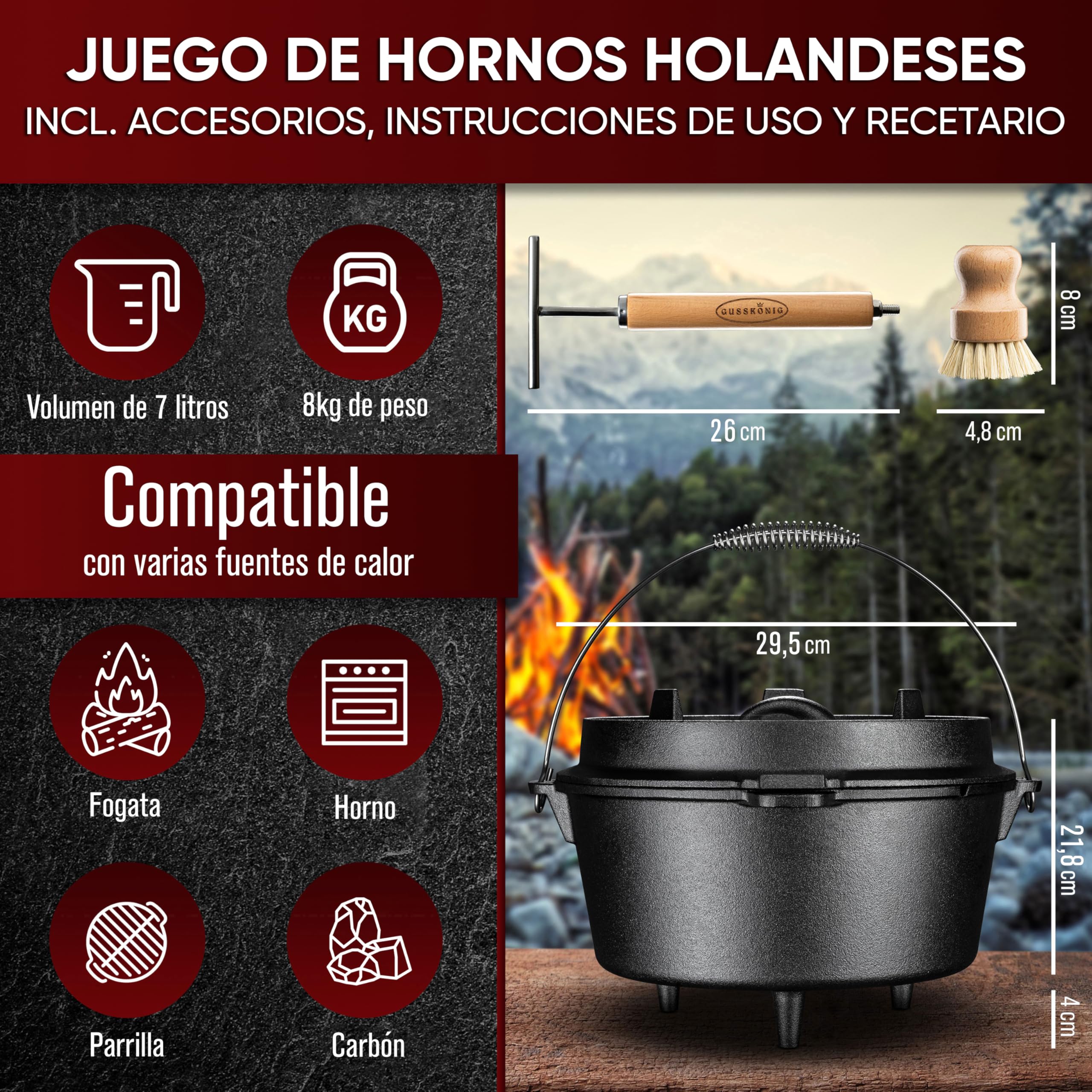 GUSSKÖNIG dutch oven Cocotte Fonte Barbecue - Cocotte Émaillée 7L avec Pieds - Chaudron en fonte - Double Fonction - Marmite fonte-Marmite feu de bois, Inclus : Brosse & Livre de Recettes[3-5 Pers.]