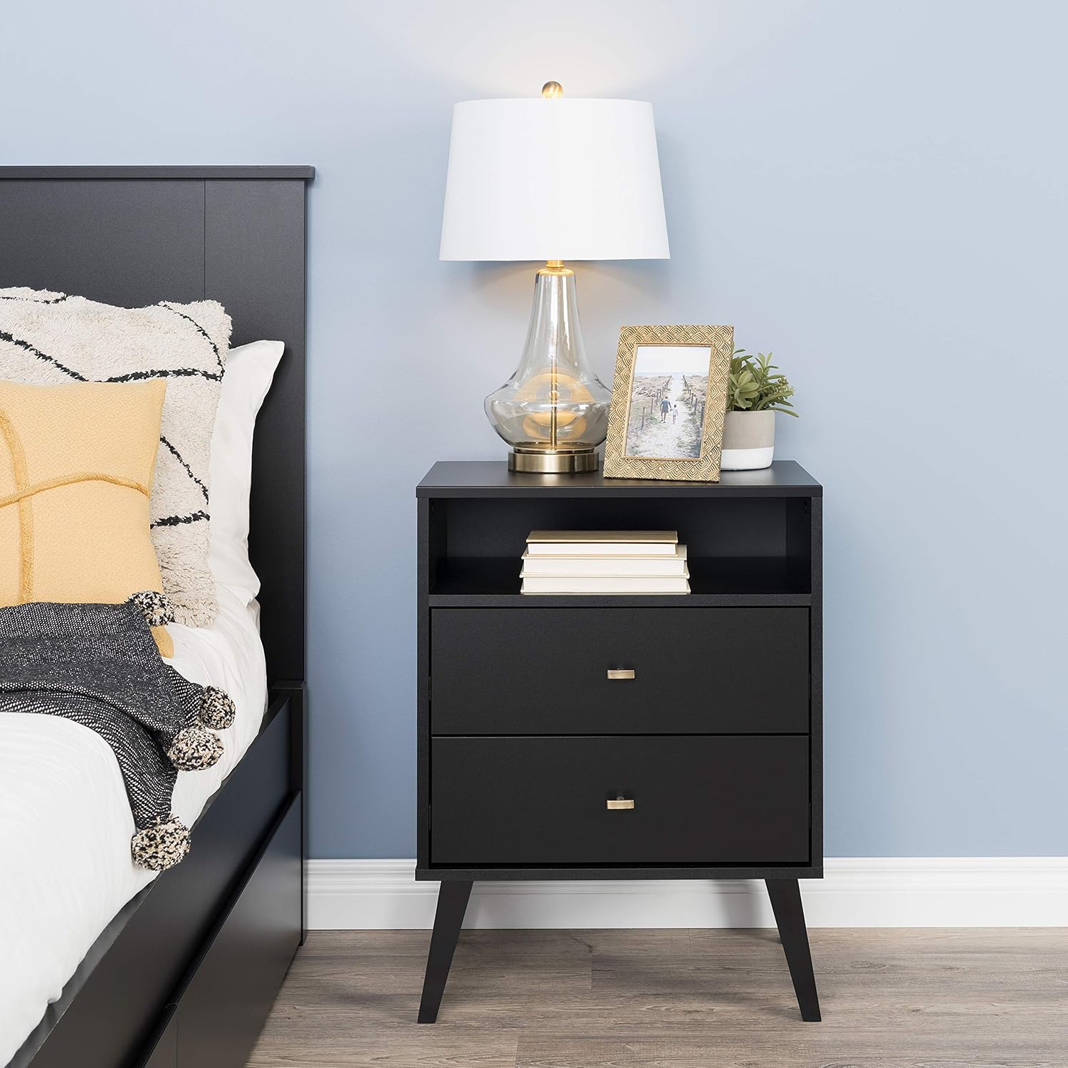 Prepac Milo Mid-Century Modern Nightstand, 2-Drawer with Open Shelf, Black : Home & Kitchen