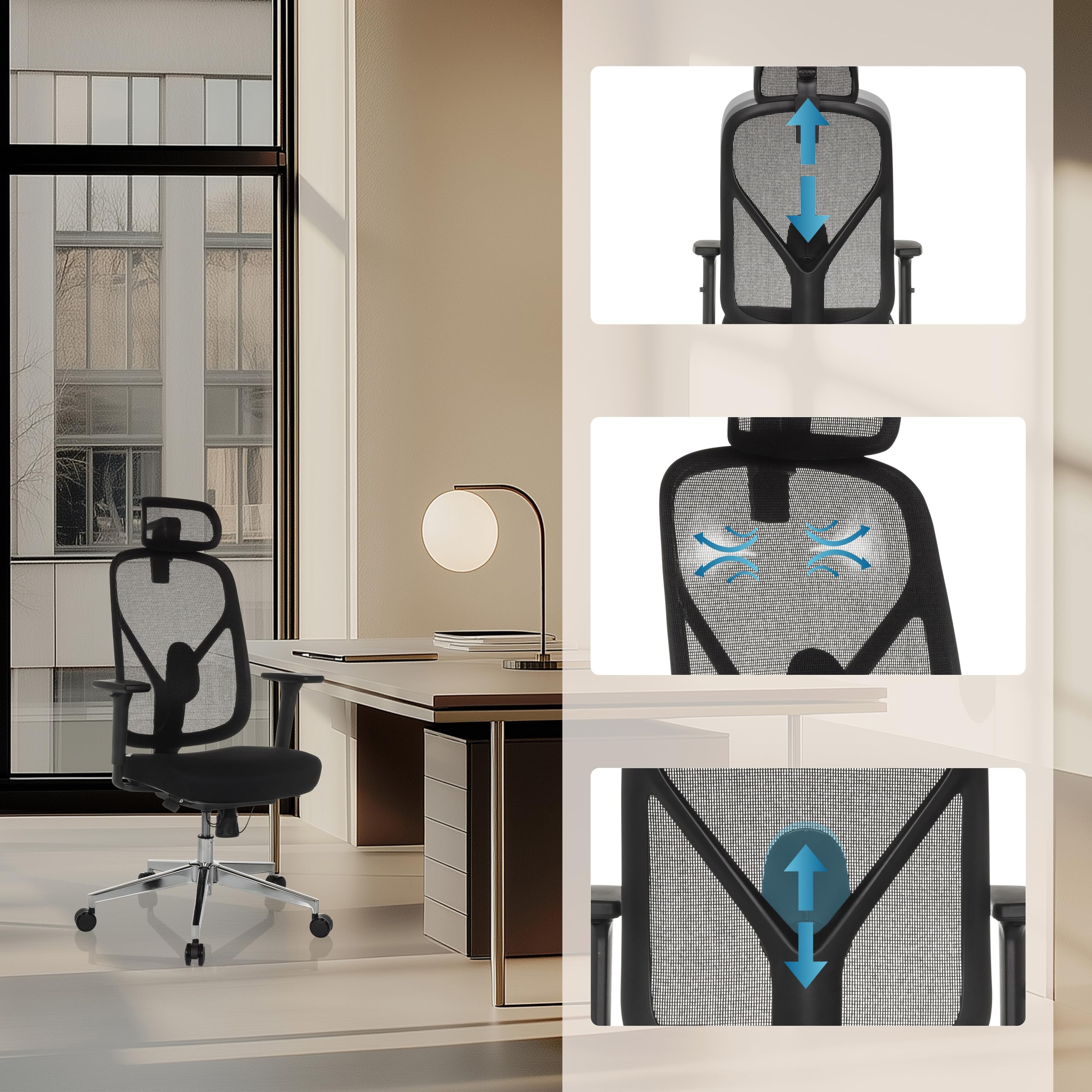 hjh OFFICE Bürostuhl ergonomisch RALOO PRO Netz Drehstuhl mit Verstellbarer Kopf- und Lordosenstütze, Sitztiefenverstellung, Schwarz