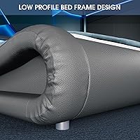 Vista 13 de WEEWAY Moderno marco de cama matrimonial con cabecera de luces LED RGBW, diseño de trineo tapizado de perfil bajo, soporte de listones de madera