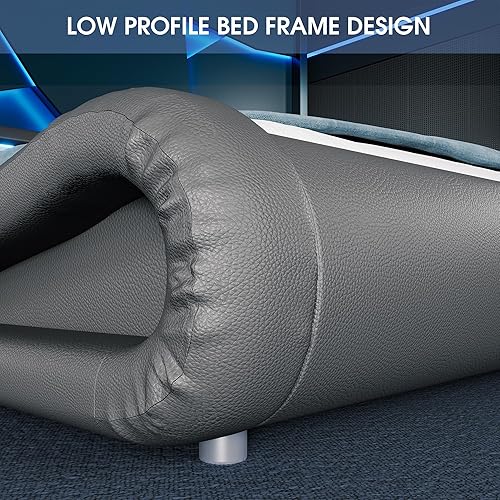 Miniatura 13 de WEEWAY Base de cama moderna tamaño Queen con cabecera de luces LED RGBW, diseño de trineo tapizado de perfil bajo, soporte de listones de madera