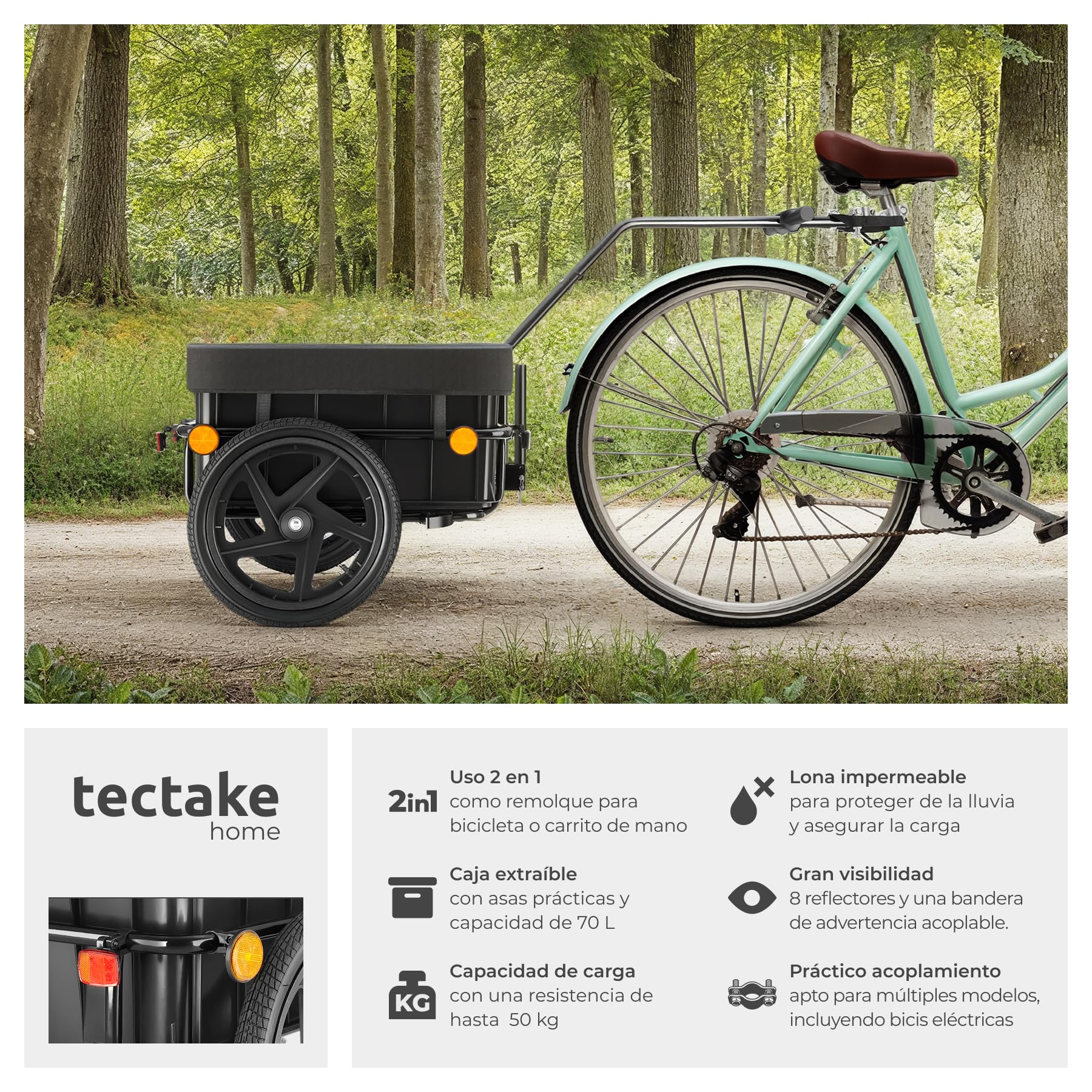 tectake® Remolque para Bicicleta 2 en 1, Uso como Remolque Bicicleta y Carrito de Mano, Gran Espacio de Almacenamiento, Lona Protectora, neumáticos llenos de Aire, Soporte Plegable - Negro