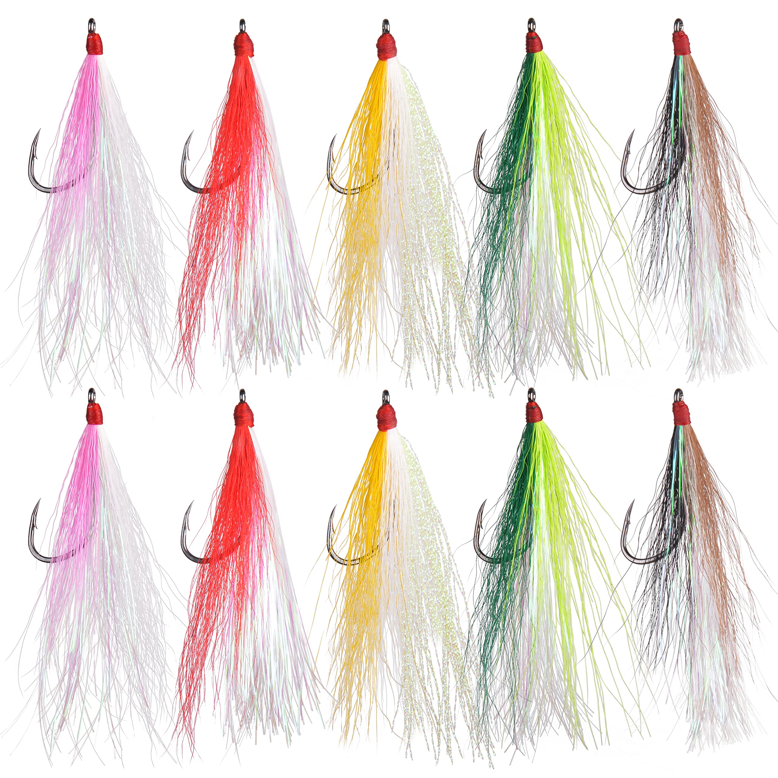 OROOTL Fishing Bucktail Teaser Hooks, 10pcs Saltwater Fishing Jigs Teaser Lures High Carbon Steel Hooks with Crystal Flash Feather Skirt for Flounder Salmon Trout Sea Bass Steelhead