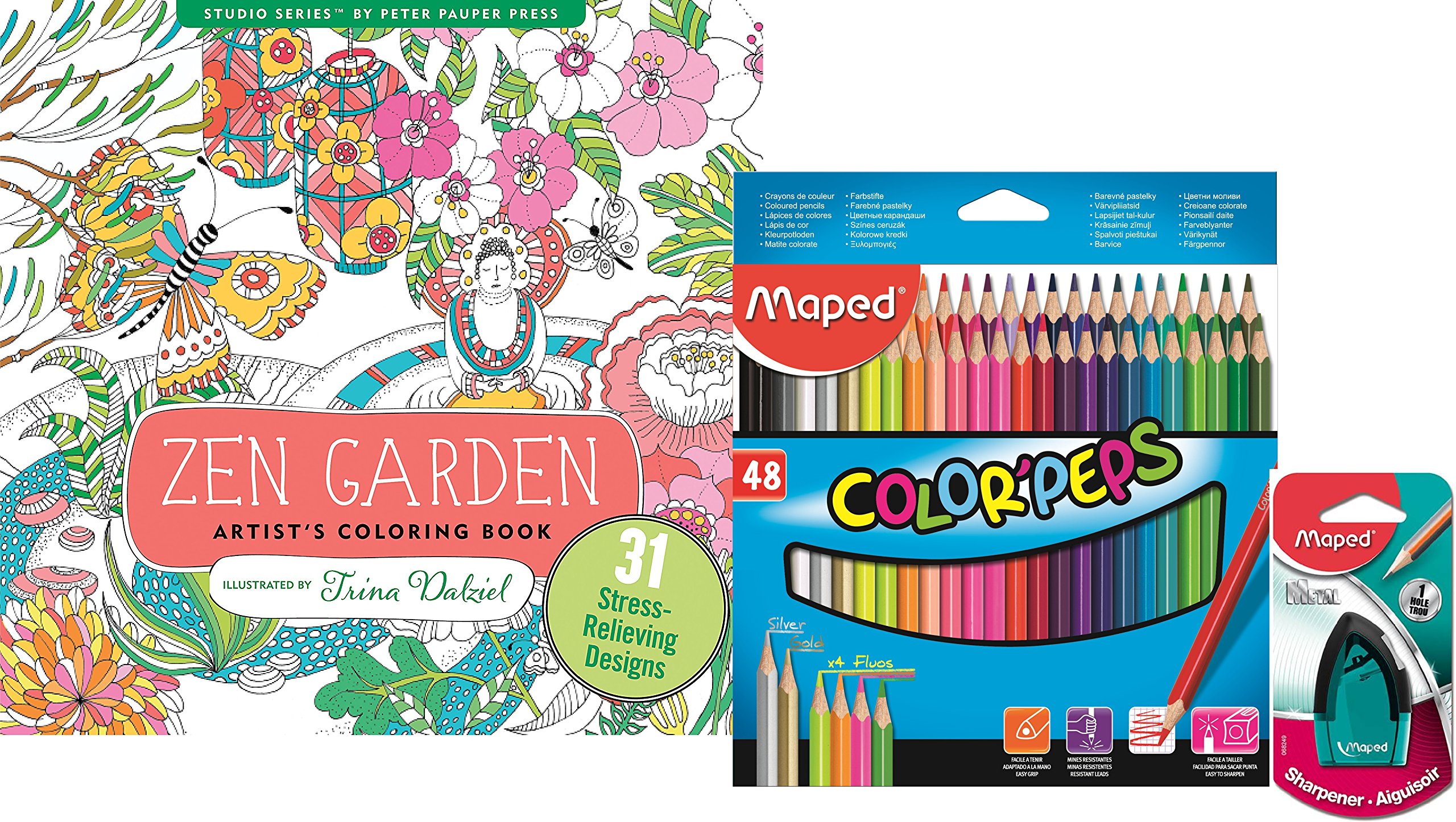 Peter Pauper Zen Garden Adult Coloring Book, Maped 48 Coloring Pencils Set and Pencil Sharpener Bundle