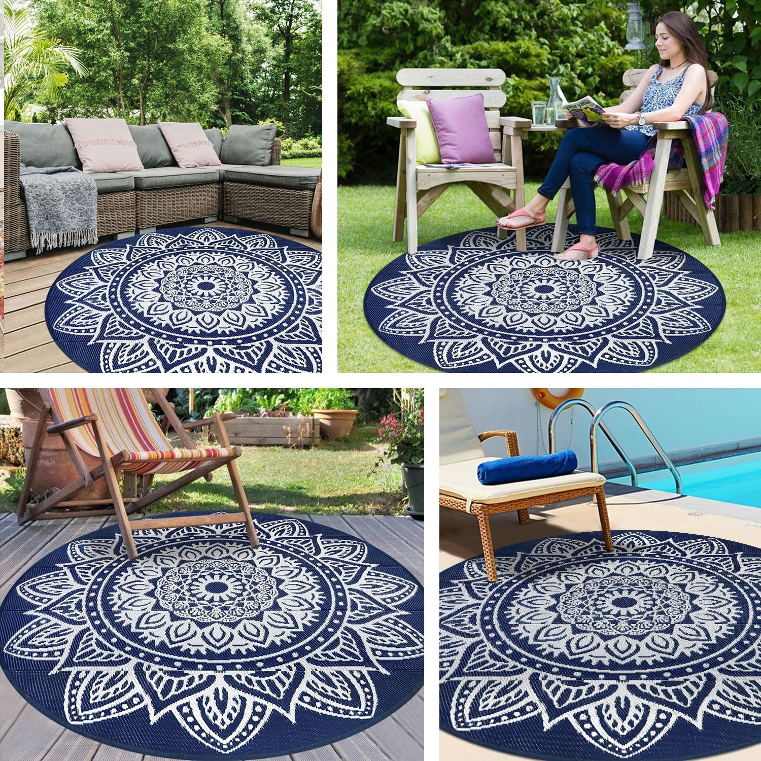 famibay 6 Ft Round Outdoor Rug, Boho Round Patio Rug Waterproof, Outdoor Plastic Straw Rug Camping Rug RV Rugs for Outside Lightweight Portable Reversible Outdoor Carpet for Patio Backyard Porch
