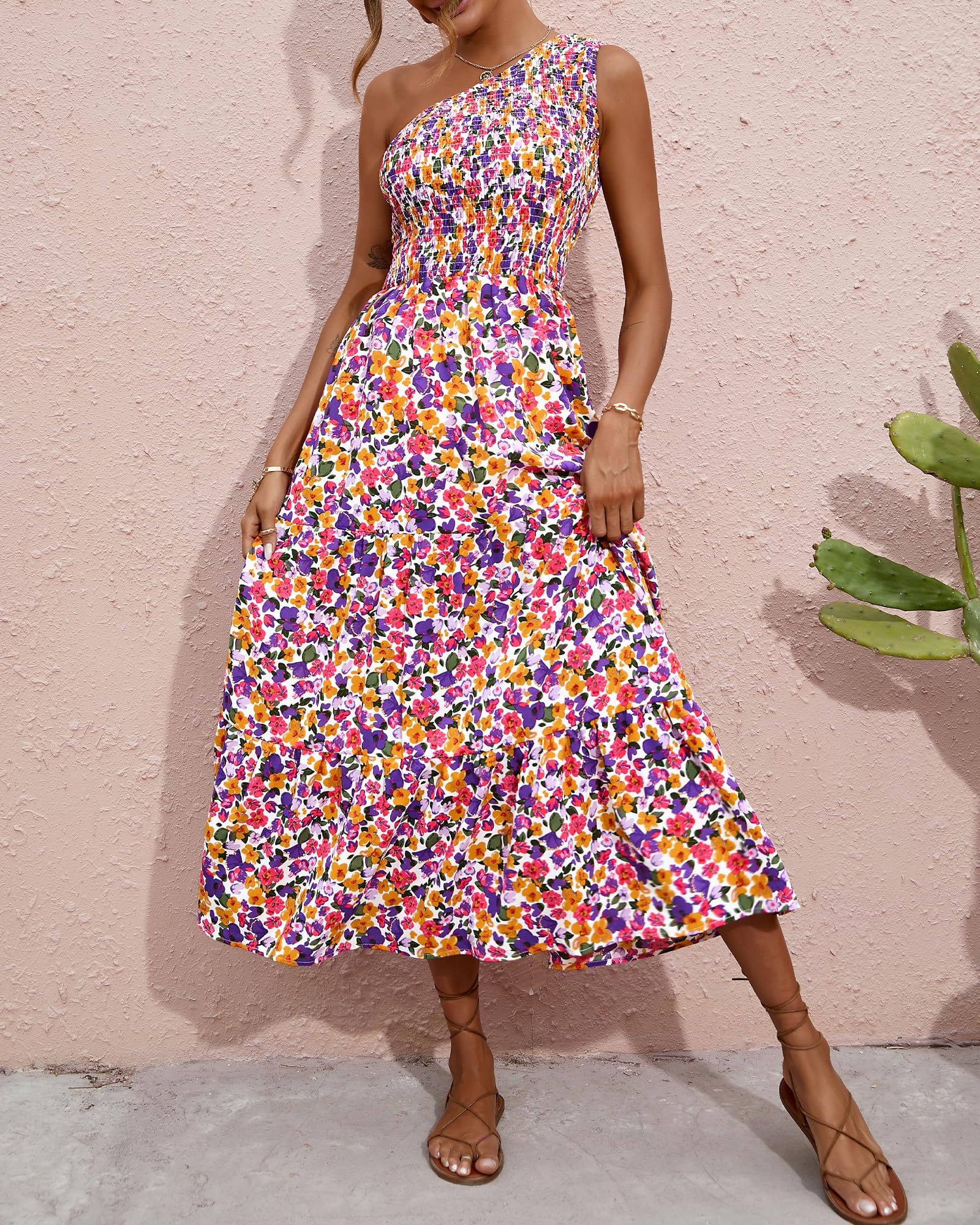 BTFBM 2025 Summer One Shoulder Dresses for Women Casual Sleeveless High Waist Floral Flowy Smocked Boho Beach Maxi Dress