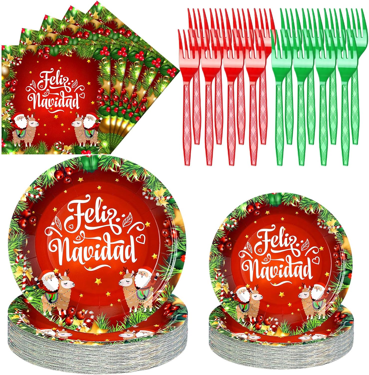 Qinyoung 96 Pcs Feliz Navidad Party Decorations Mexican Christmas Paper Plates and Napkins Set Feliz Navidad Dinner Dessert Tableware Red and Green Serve 24 Guests for Spanish Christmas Party Supplies