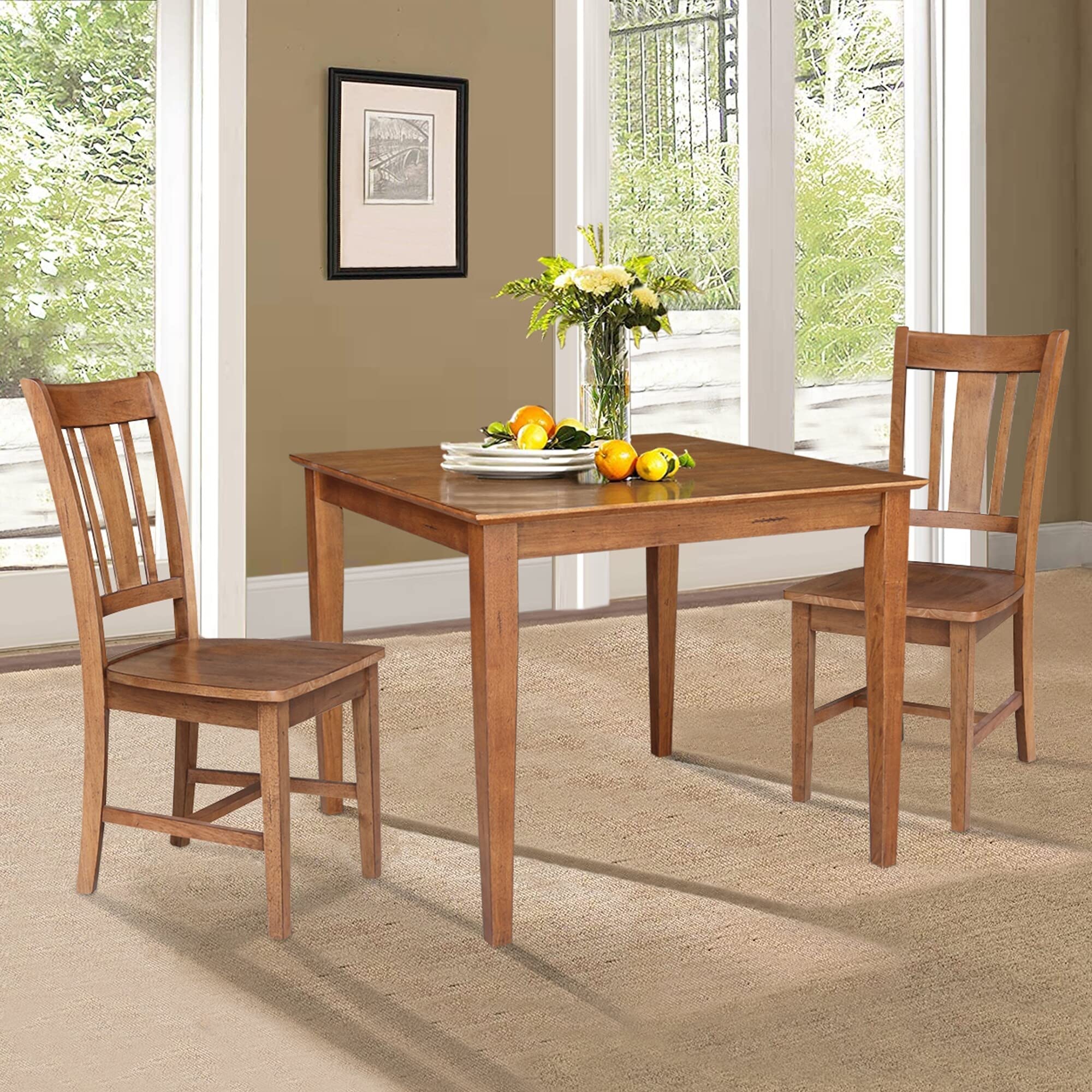 36 X in. Solid Wood Dining Table with 2 Splatback Chairs 3 Piece Set Distressed Oak Brown Traditional Square Rubberwood Finish