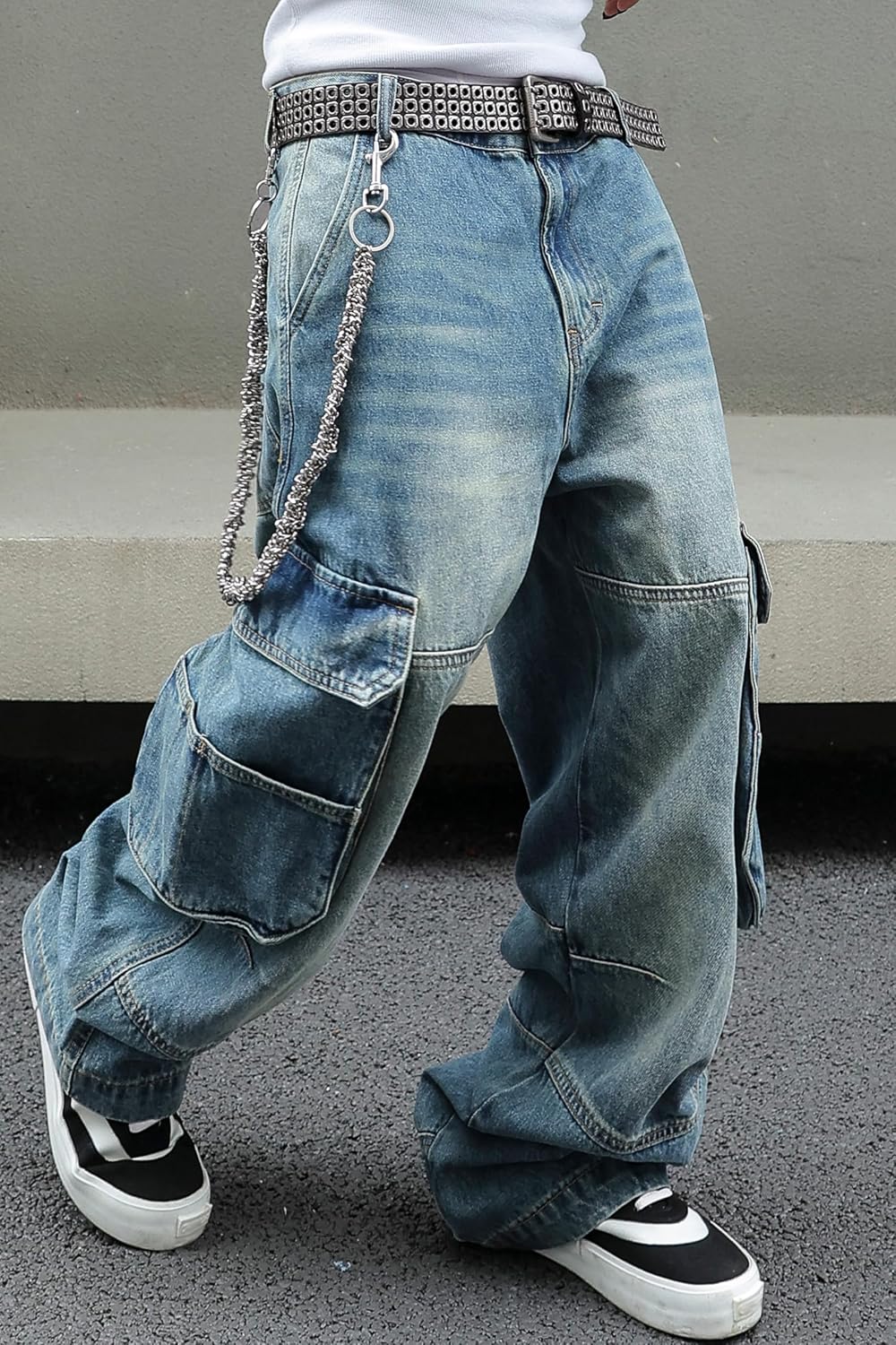 MZNBURAM Men's Y2K Hip Hop Baggy Cargo Jeans Loose Fit Wide Leg Denim Pants Casual Streetwear Trousers