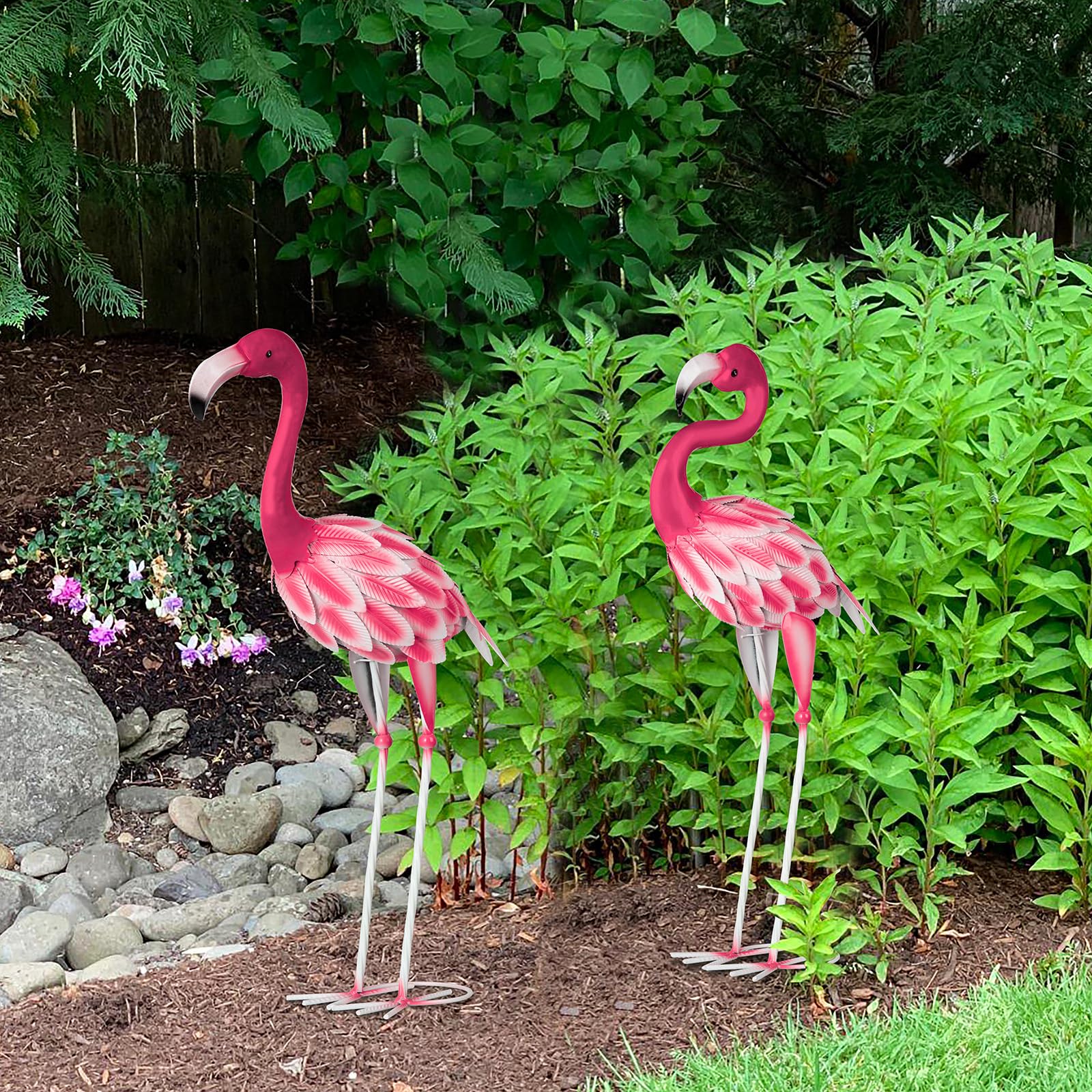 Lot de 2 statues d'art flamant rose en métal - Sculptures de jardin pour l'extérieur, maison, terrasse, pelouse, arrière-cour