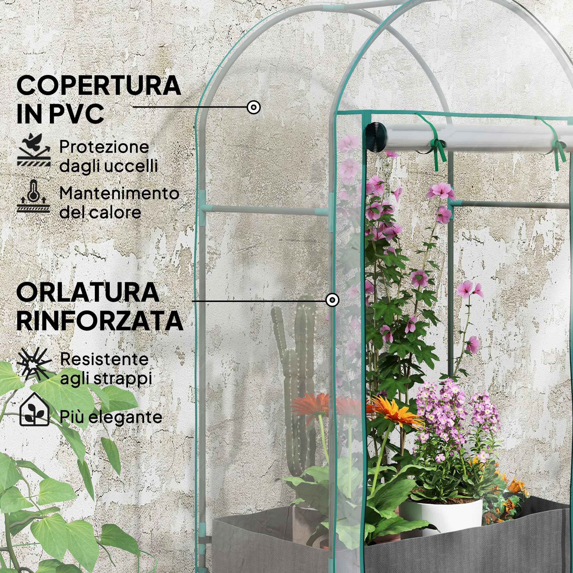 Outsunny Serra da Balcone per Orto con Porta a Cerniera Avvolgibile e Sacco per Piante, Serra da Giardino in Acciaio e Plastica, per Piante, Fiori e Verdure, 89x50x152 cm, Trasparente