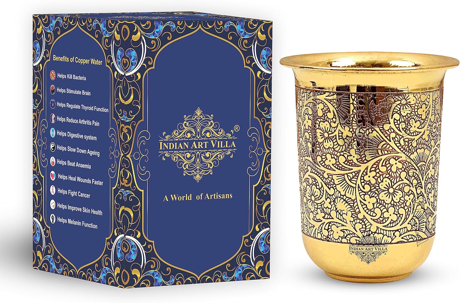 Indian Art Villa Pure Brass Glass Tumbler with Floral Vines Design, for Drinking Serving Water, Yoga & Ayurveda, Volume-280 ML, 1 Piece