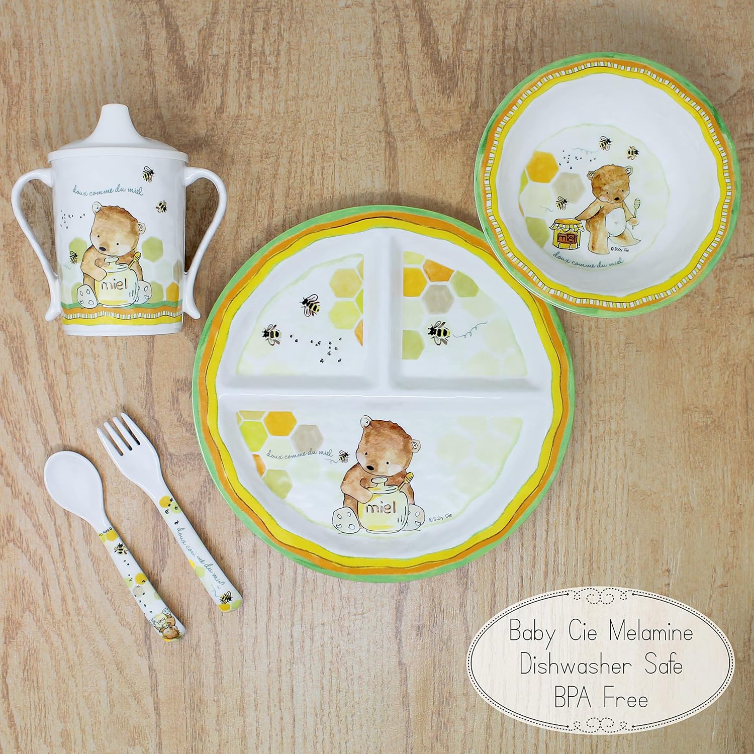 Baby Cie Kids and Baby Melamine Place Setting Sippy Cup, Suctions Bowl, Section Plate and Fork Spoon Set (SWEET AS HONEY)