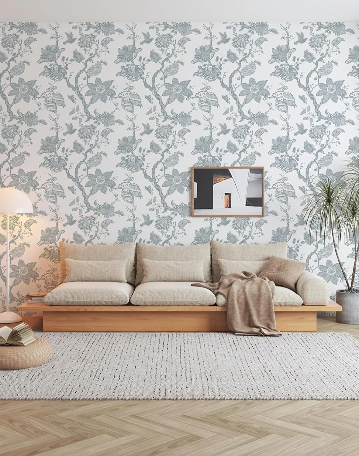 Peel and Stick Wallpaper Floral Wall Paper Boho Embroidered Contact Paper Bedroom Bathroom Wallpaper Navy Blue and White Removable Self-Adhesive Kitchen Wall Decor Vinyl Roll 17.3" x 394"