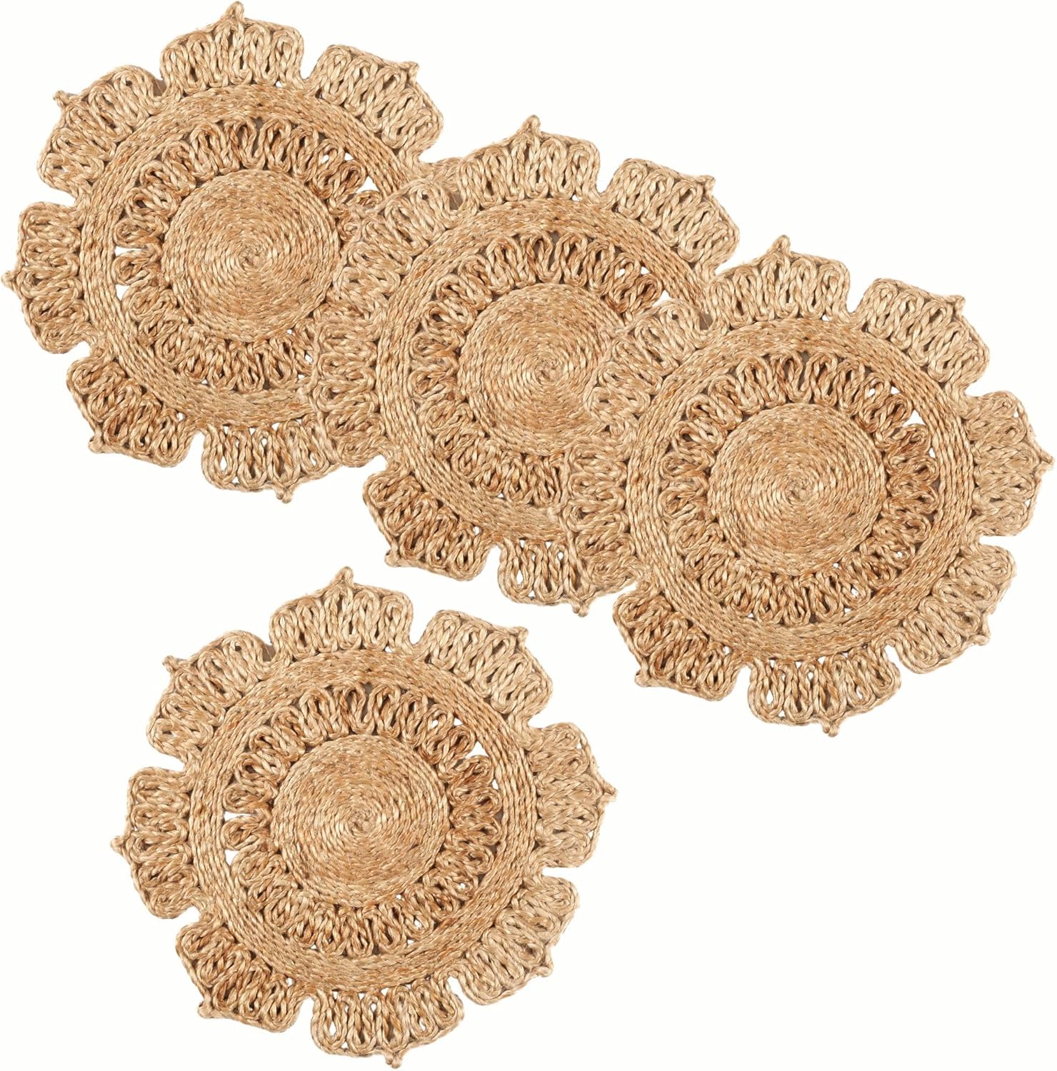 Natural Jute Braided Placemat Set of 4 Round 13 Inch Placemats for Christmas Dining Table Décor, New Year Holiday, Wedding Parties, Farmhouse Hand Woven Floral Rattan Table Mat Set