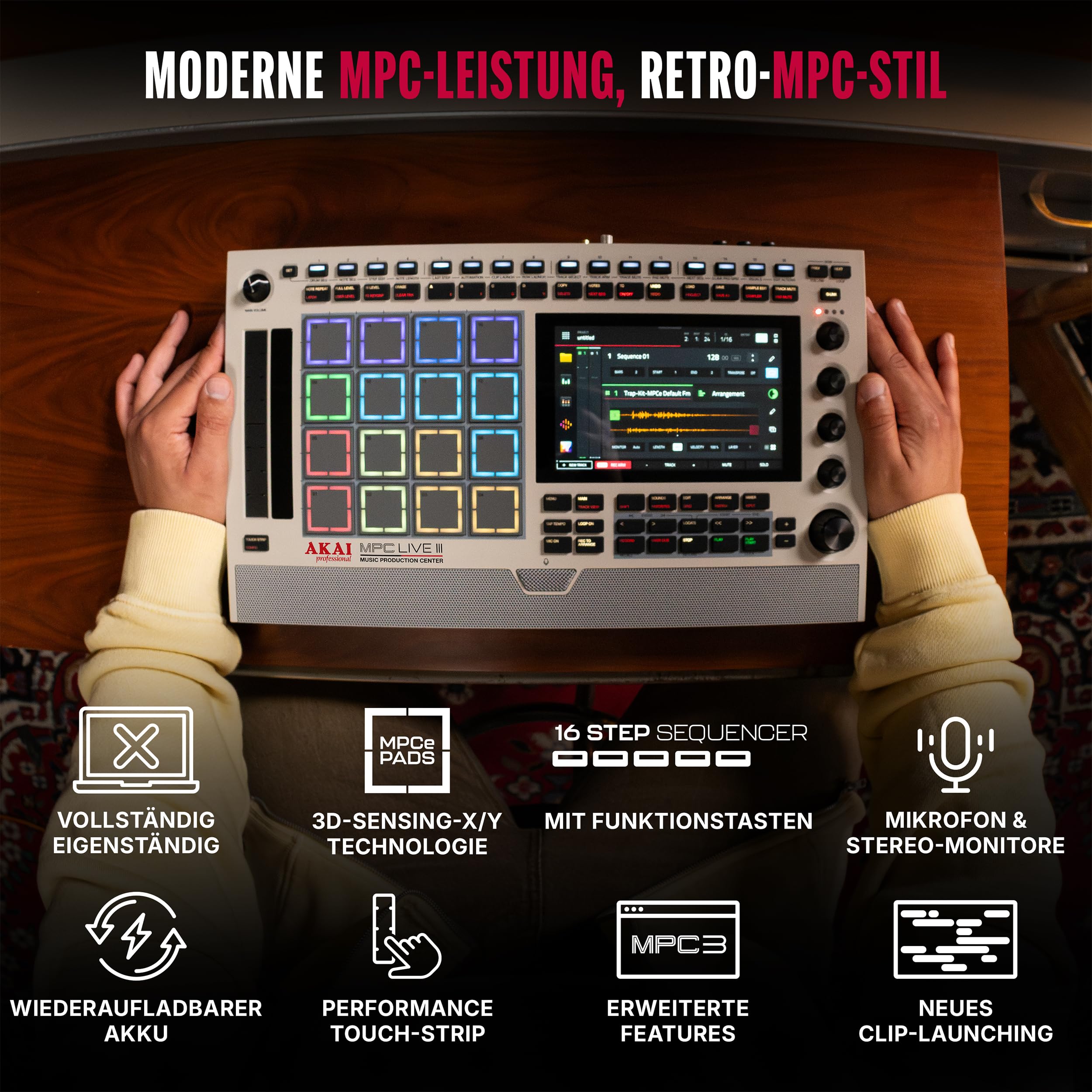 Akai Professional MPC Live III Retro tragbares Musikproduktions-Center | Standalone, MPCe Pads, Touchscreen, Stereo Lautsprecher, Mikrofon, Akku, Bluetooth, WLAN