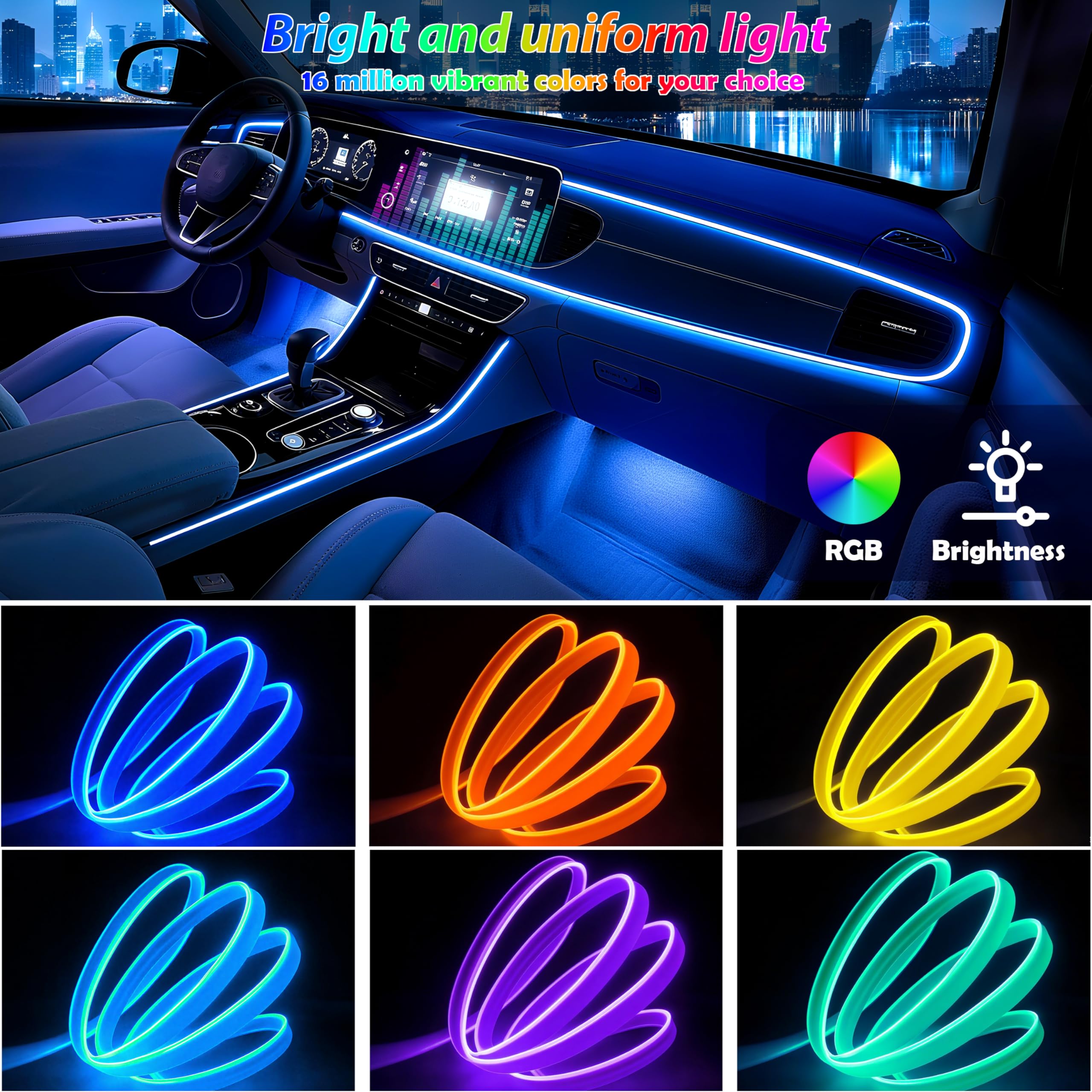 Car Led Strip Lights, Interior Car Lights, App Control Ambient Lighting Kit With RGB 16 Million Colors Fiber Optics&Music Sync Rhythm, USB Neon Light Accessories for Center Console&Dashboard, Upgraded