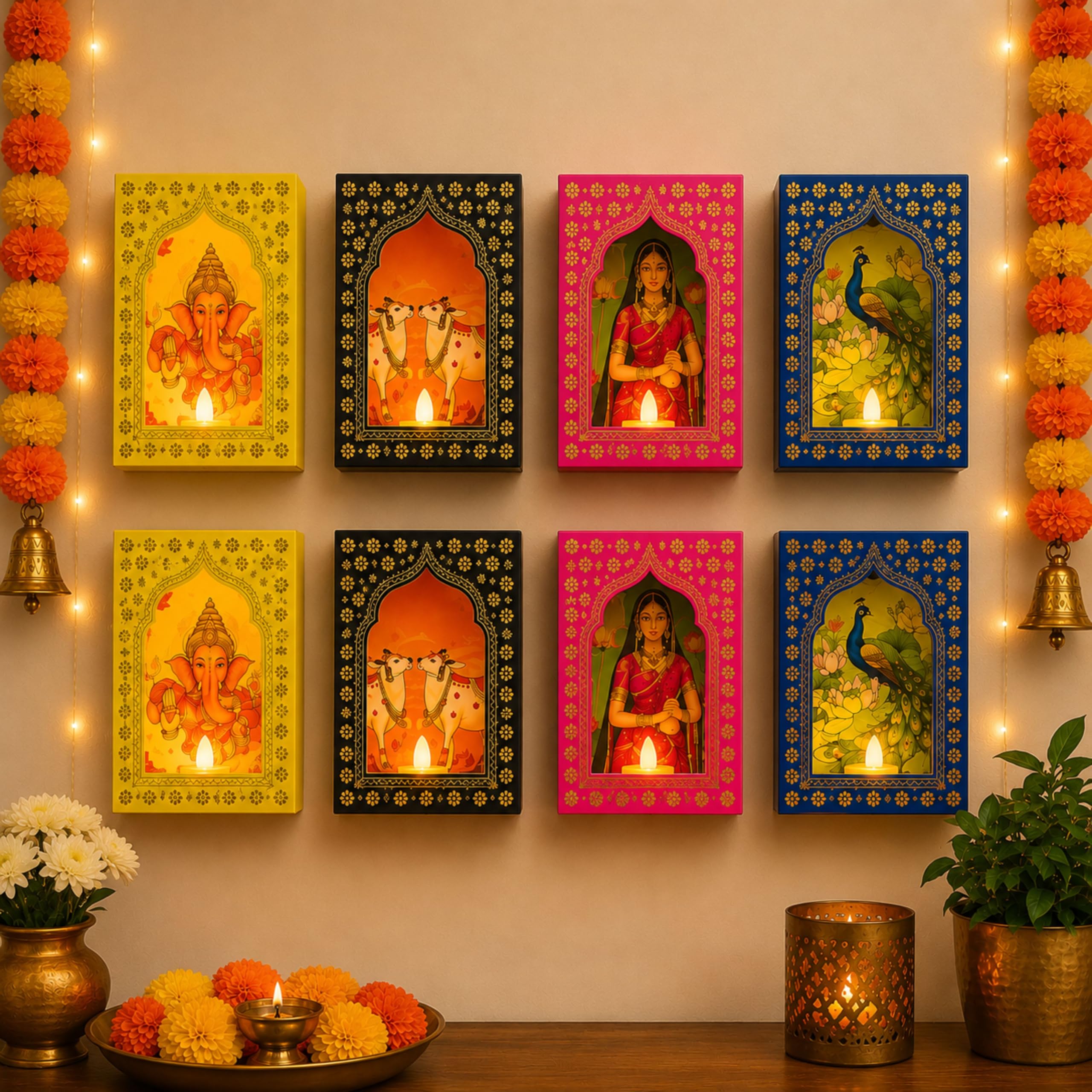 Paper Jharokha Decoration Set with LED Candles, Pack of 8 | DIY Wall Hanging for Ganpati, Varalakshmi Vratham & Diwali Decoration | Pooja Room, Temple, Staircase, Home & Festive Decor-picture-10