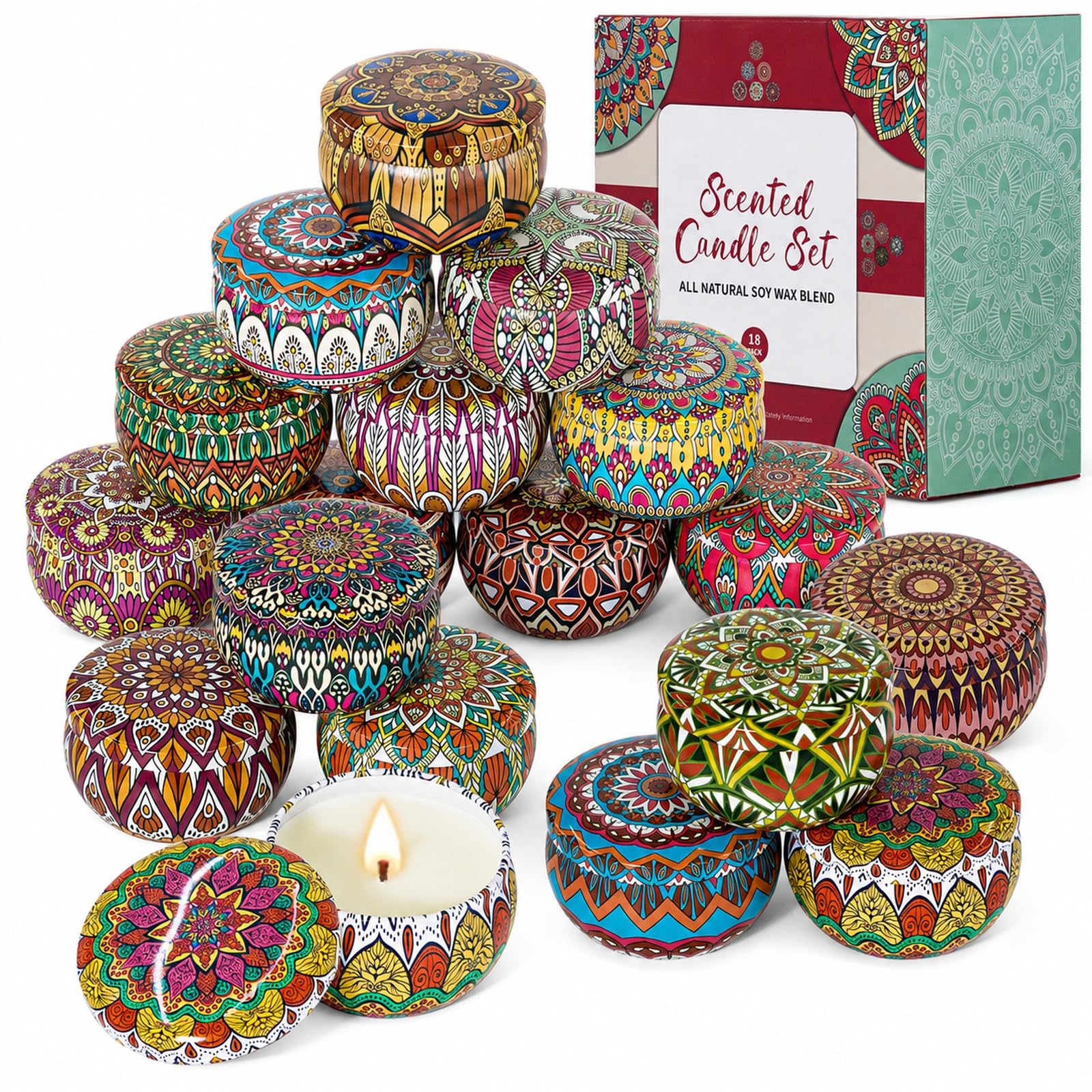 Set regalo di candele profumate, confezione da 18 candele in cera di soia, 70 g, barattoli decorativi in metallo con fragranze assortite, contenitori riutilizzabili in ferro per casa, bagno, spa, yoga