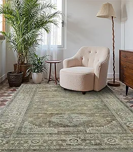 Area Rugs 5x7 for Living Room Bedroom, Modern Boho Machine Washable Large Distressed Light Greyish Sage Green Rug, Low Pile Floor Carpet with Non Slip Backing for Dining Room