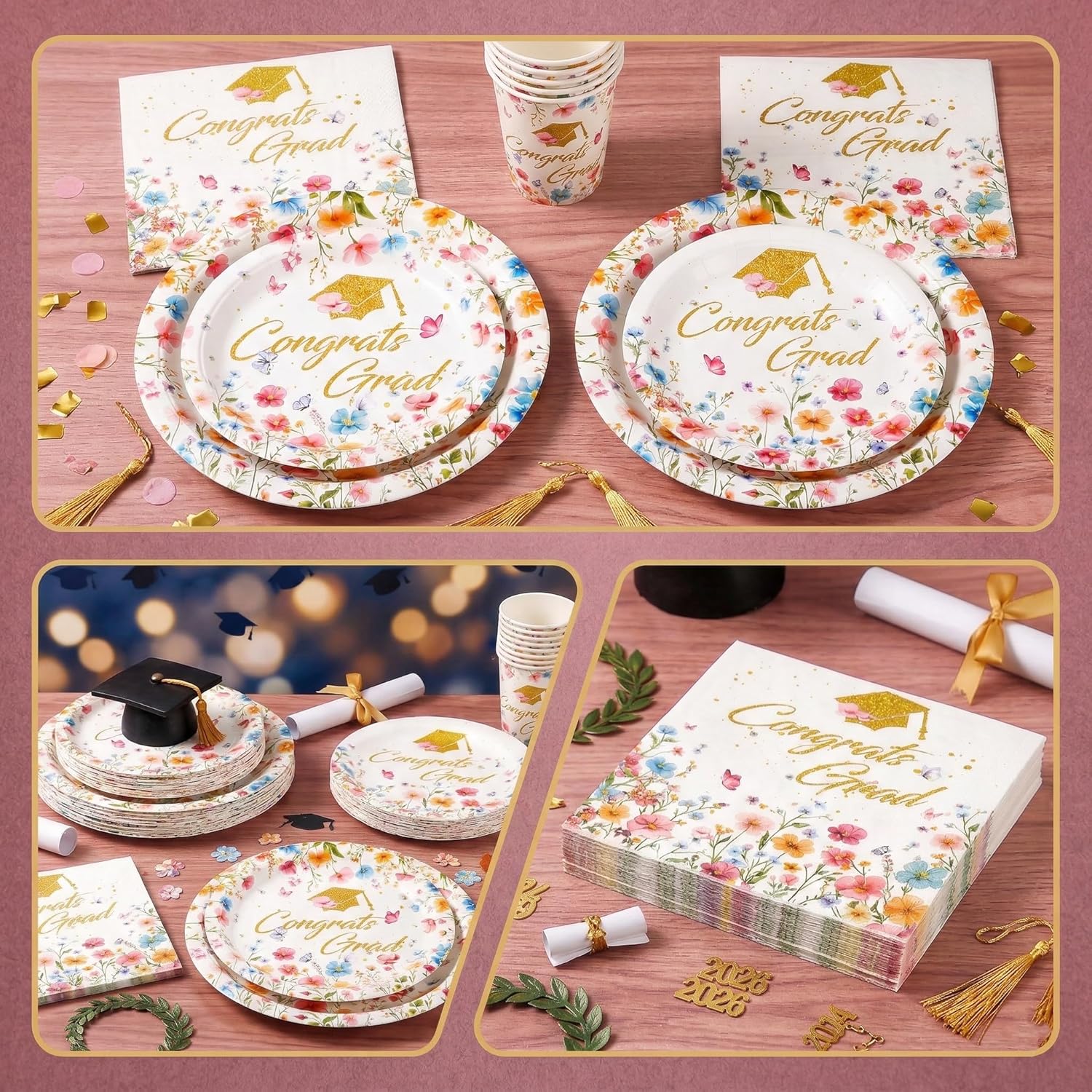 150Pcs 2026 Graduation Plates and Napkins Party Supplies Floral Congrats Grad Plates Napkins Grad Party Plate Graduation Paper Plate Class of 2026 Plate for Graduation Prom Party Decor Serve 50