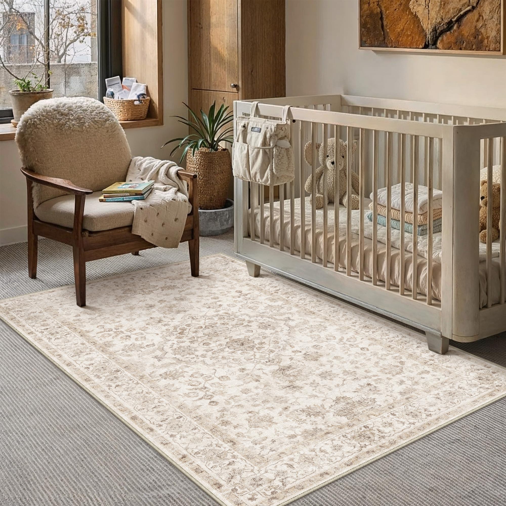 PureCozy Vintage Rugs Living Room 120x170cm Beige Area Rug Machine Washable Non Slip Kids Bedroom Large Carpet Bedside Nursery Lounge Office Playroom Low Pile Carpets