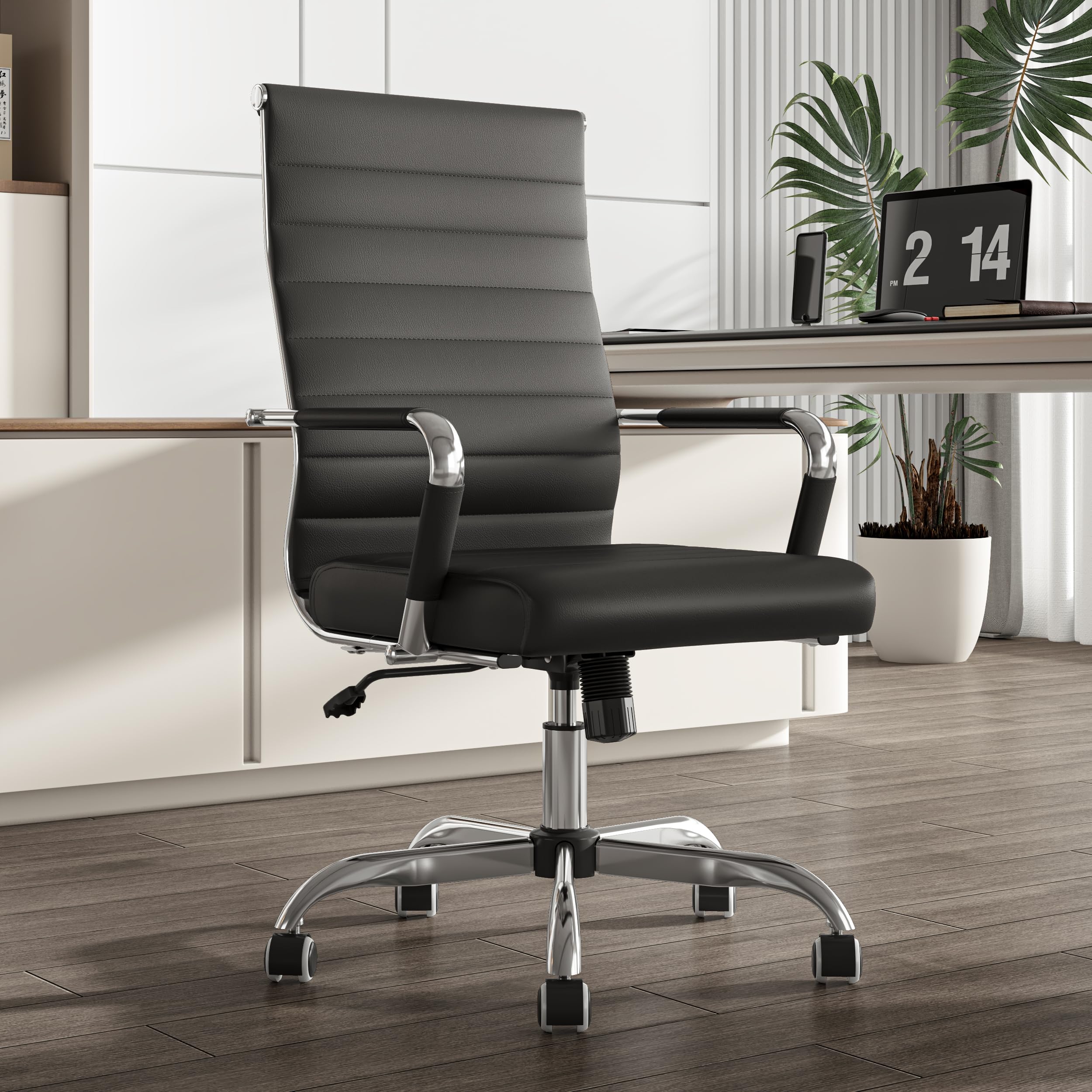 UEV Ergonomic Leather Office Chair, Modern Design with Armrests & Casters, Adjustable Height, 360° Swivel, Supports Up to 150kg (Brown (Silver frame))