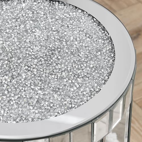 Miniatura 86 de SSLine Mesa auxiliar cuadrada con espejo con luces LED, mesita de noche con espejo, mesa auxiliar de espejo con acabado plateado para dormitorio,