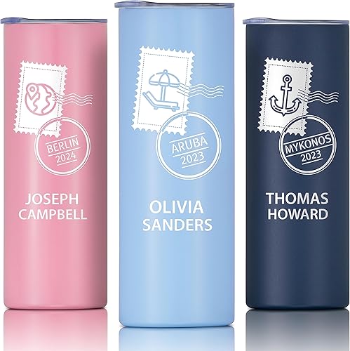 Vaso personalizado para pasaporte de vacaciones con diseños grabados, vaso delgado de acero inoxidable de doble pared de 20 onzas con aislamiento al