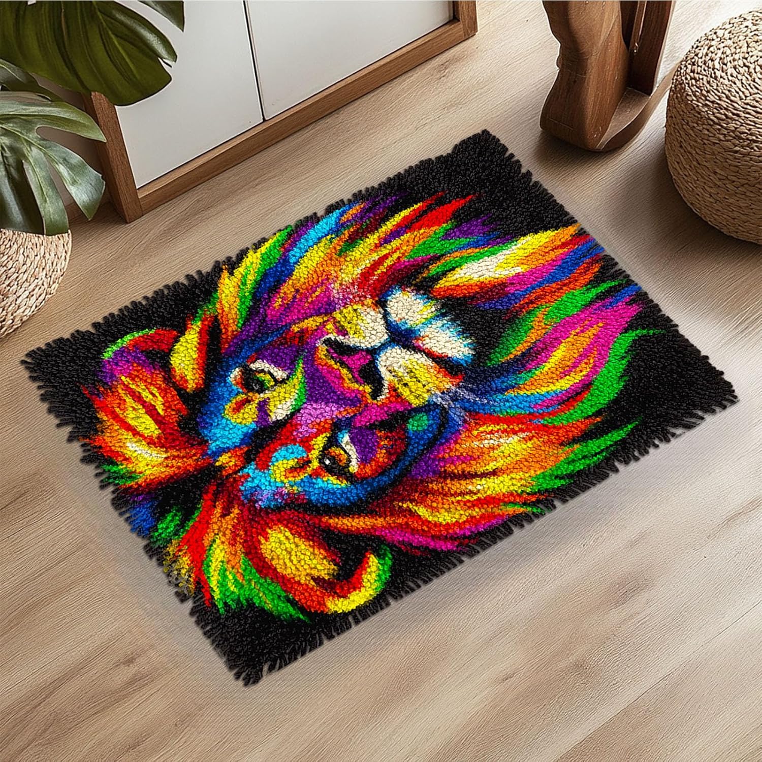 Latch Hook Rug Kit Colorful Lion Face Pre-Printed Handmade Carpet Crochet Yarn Craft DIY Hook and Latch Door Mat Tapestry for Home Floor Decoration 52x38cm-7