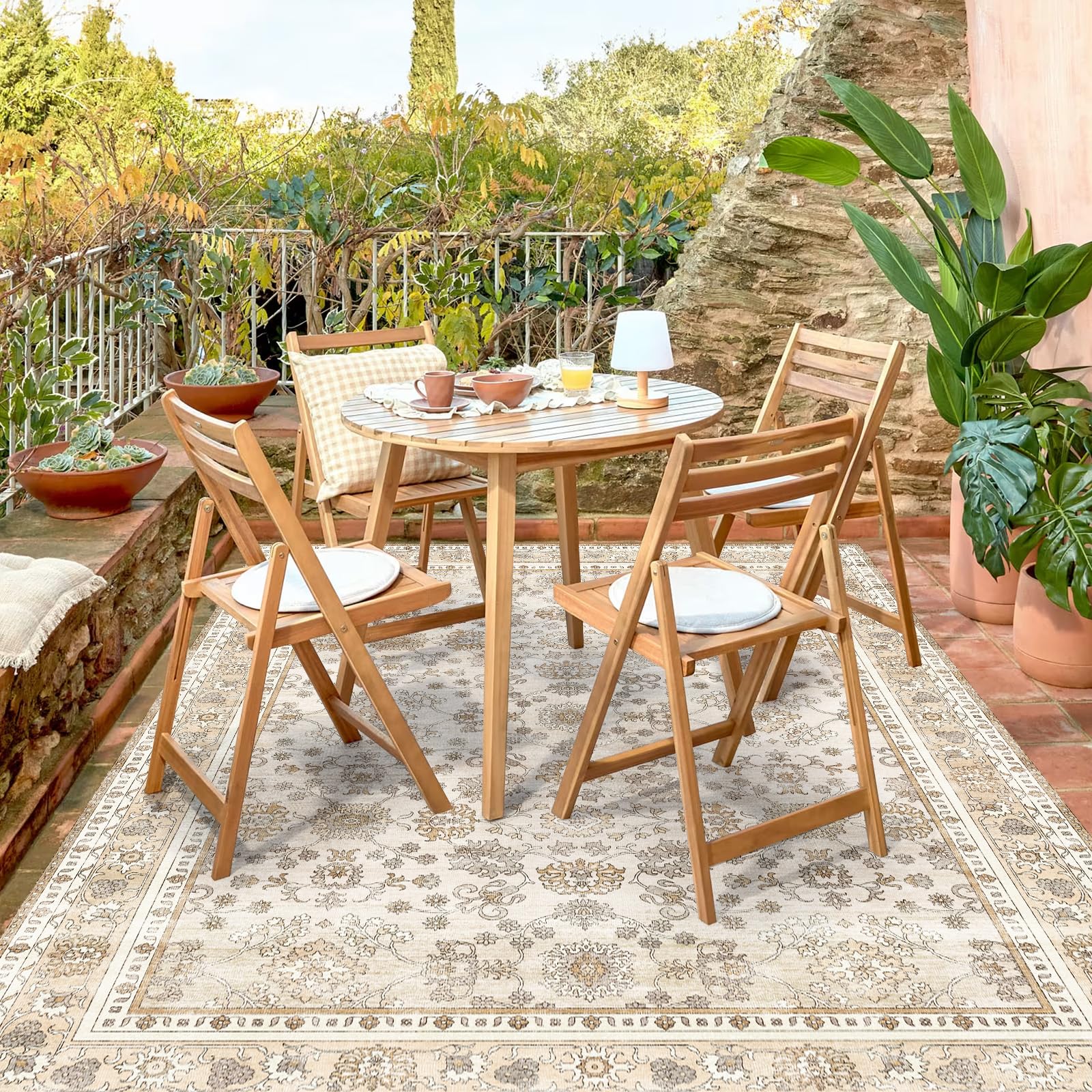 6'6" x 10'Durable Vinyl Rugs for Living Room, Vintage Floral Pattern for Dining Room, Bedroom, Home Office, Bobo Yellow Non-Slip Large Rugs for Indoor&Outdoor RV, Deck, Backyard,Balcony,Home Decor